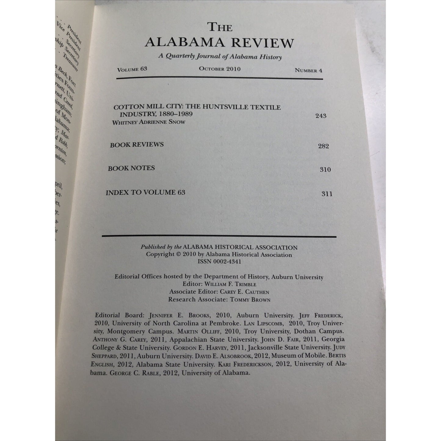 The Alabama Review: A Quarterly Journal of Alabama History Oct 2010 Vol 63 No 4