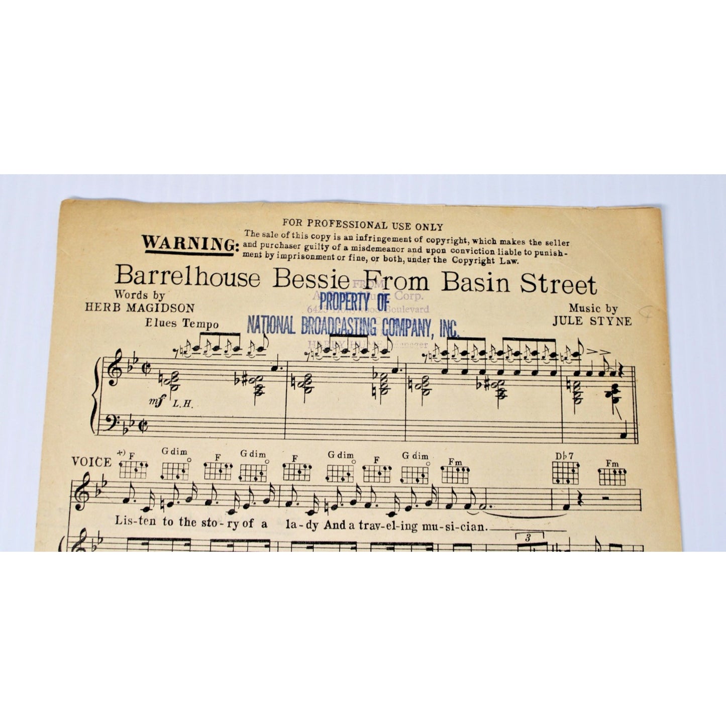 Vintage 1942 NBC Professional Sheet Music- Barrelhouse Bessie From Basin Street