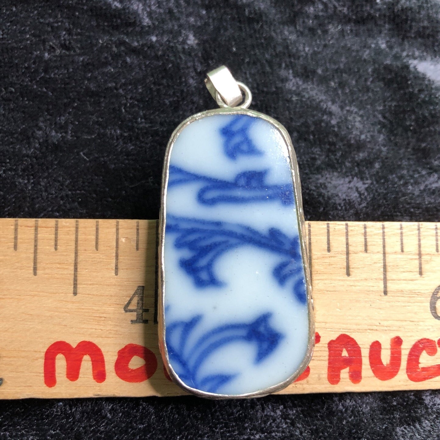 Pottery China Shard Pendant Encased In Stamped Metal Blue & White 1” Wide 2” Lon