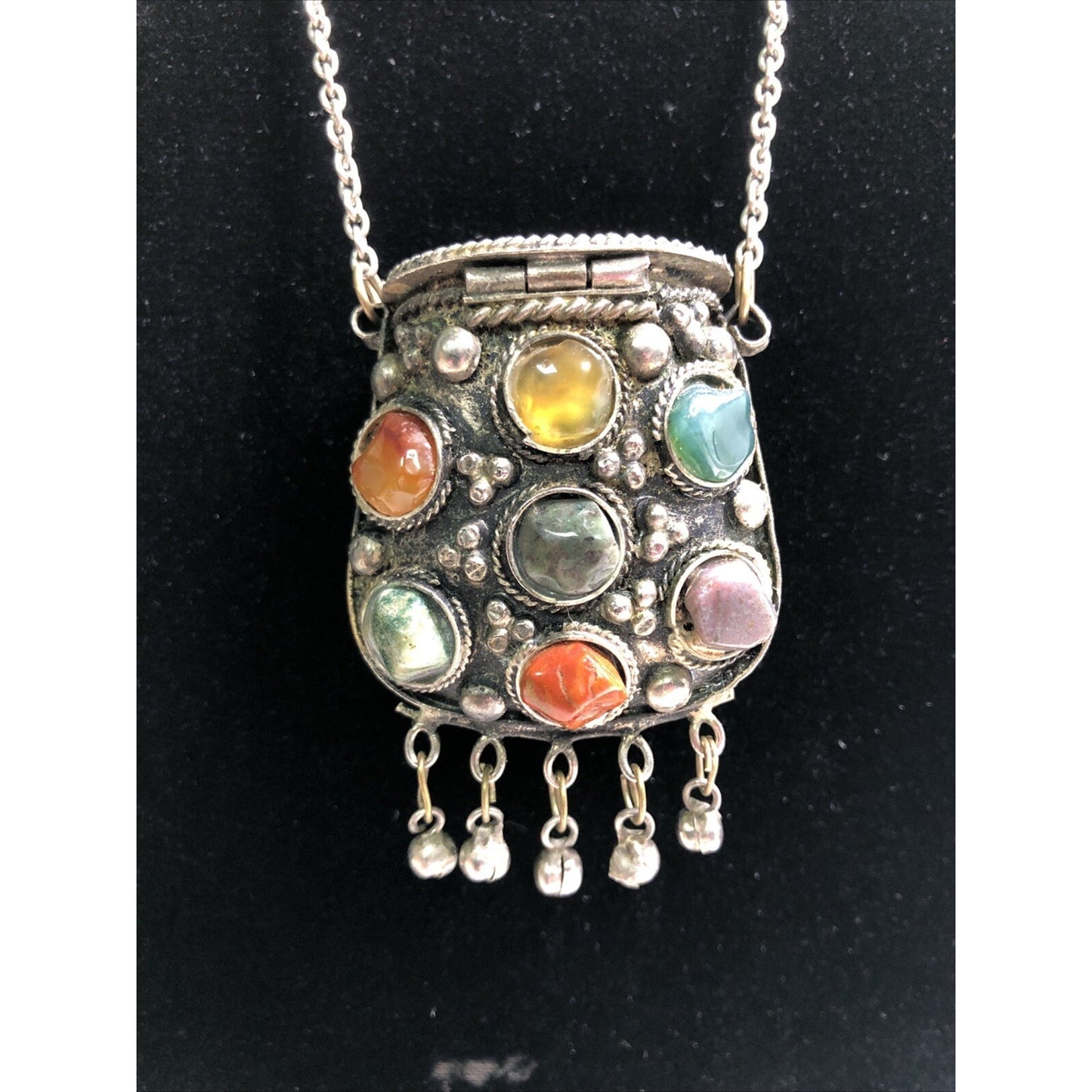 Vintage Sajai Metal Coin Purse Semi Precious Stones Kuchi Prayer Box Necklace