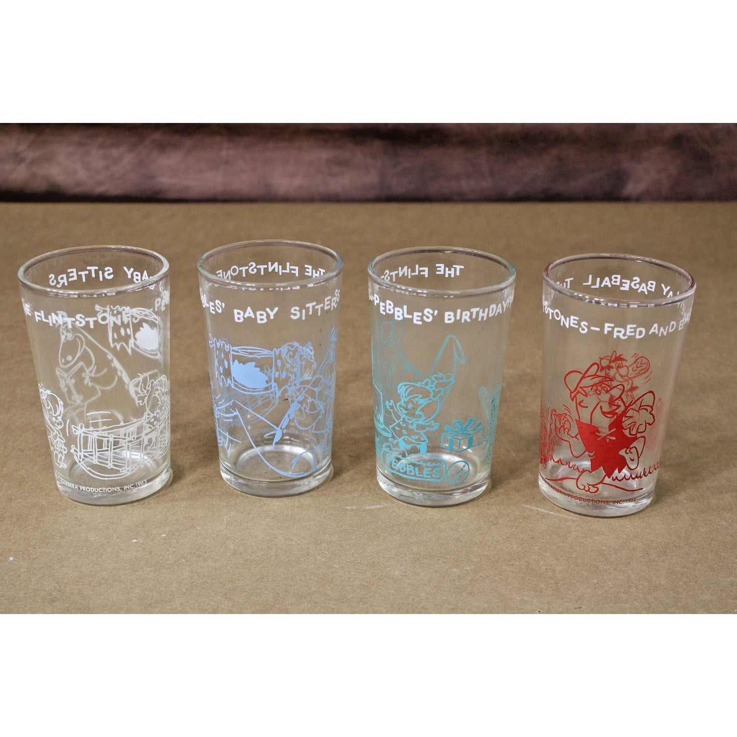 Vintage 1963-64 Flintstones Juice Glasses Children's Cartoon, 4.5" Hanna Barbera