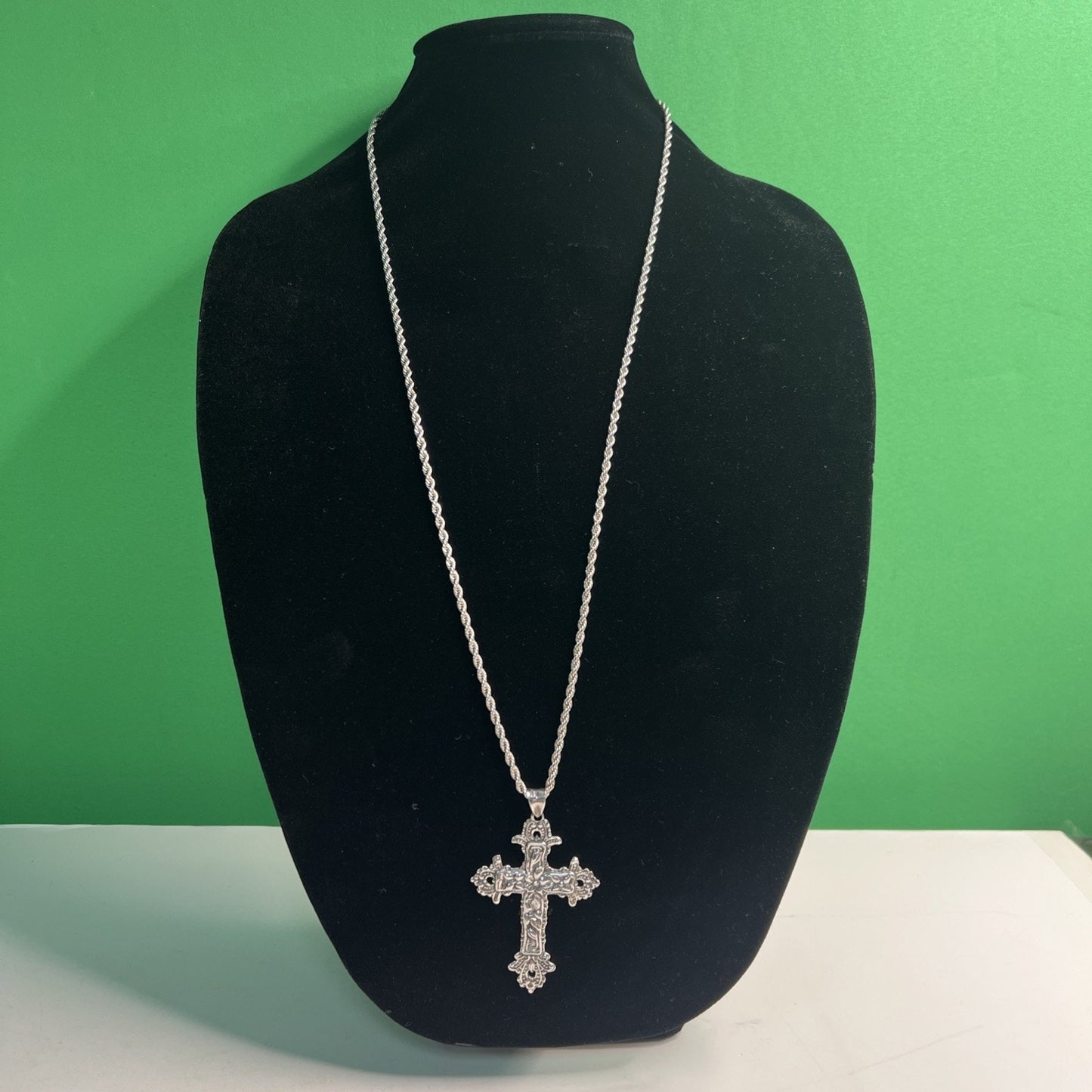 Vintage Sterling Rope Chain With Large Floral Cross Pendant