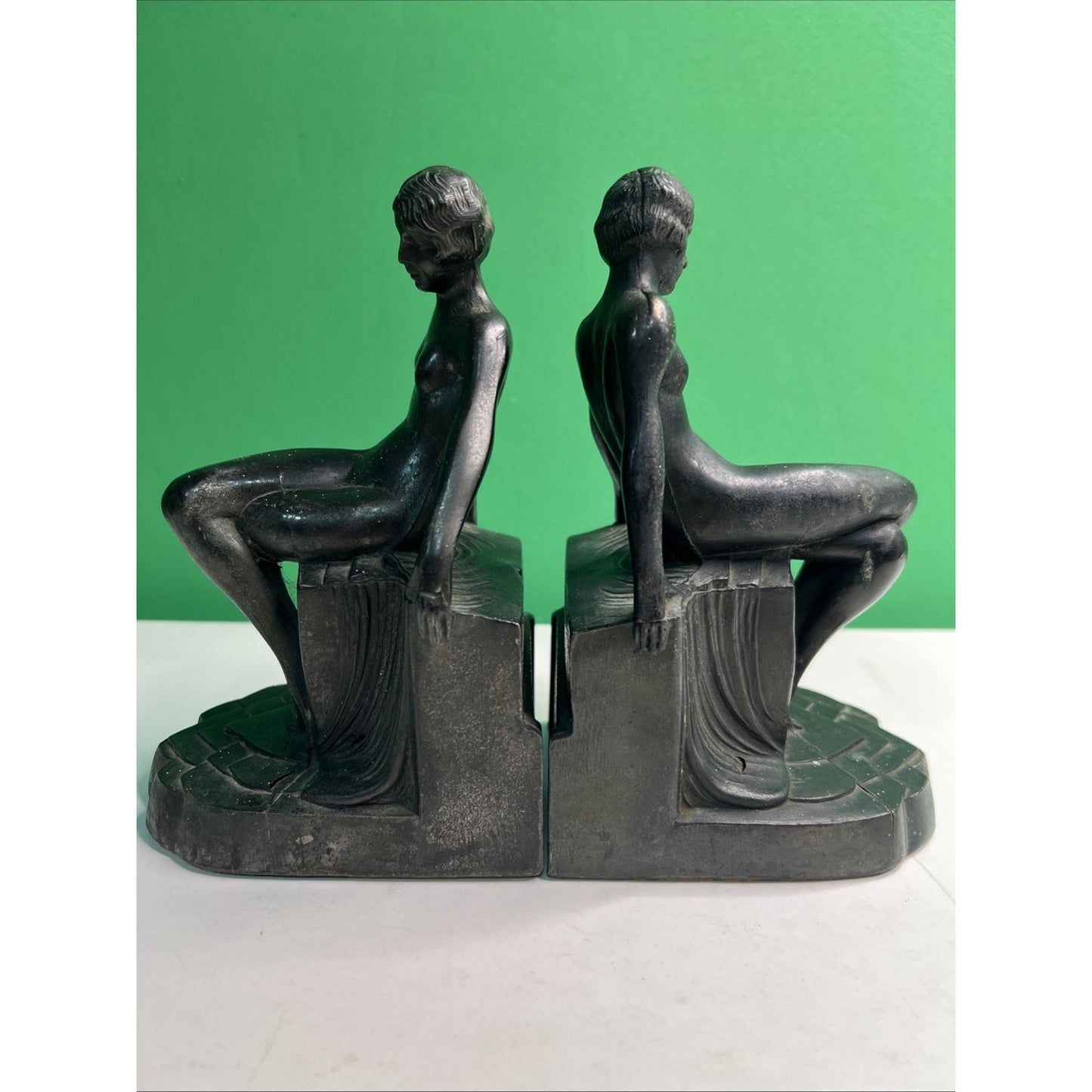Art Deco 1930's Pair of Nude Flapper Girls Spelter Metal Bookends