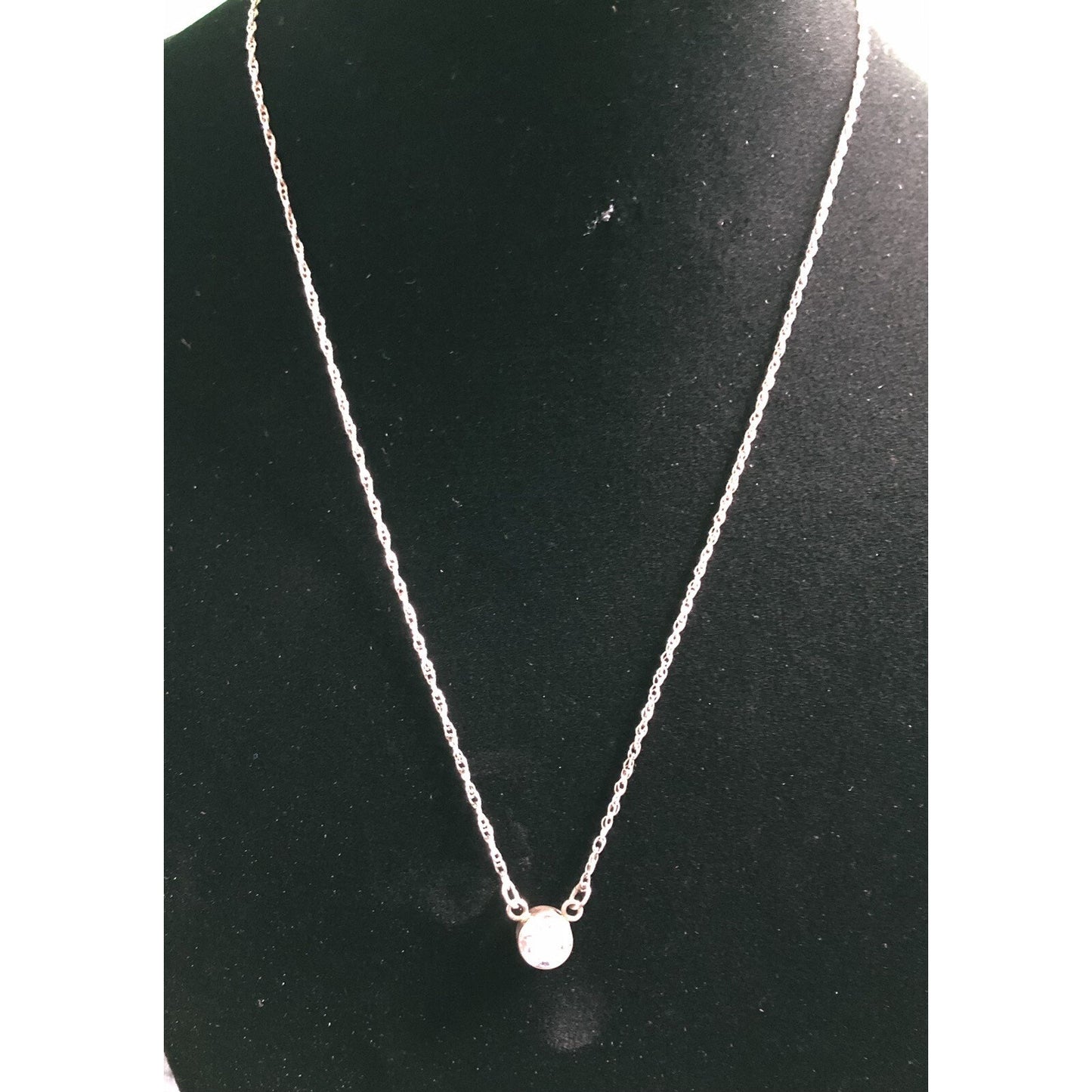 Vintage Sterling Silver CZ Bezel Set Solitaire Pendant Dainty Rope Chain