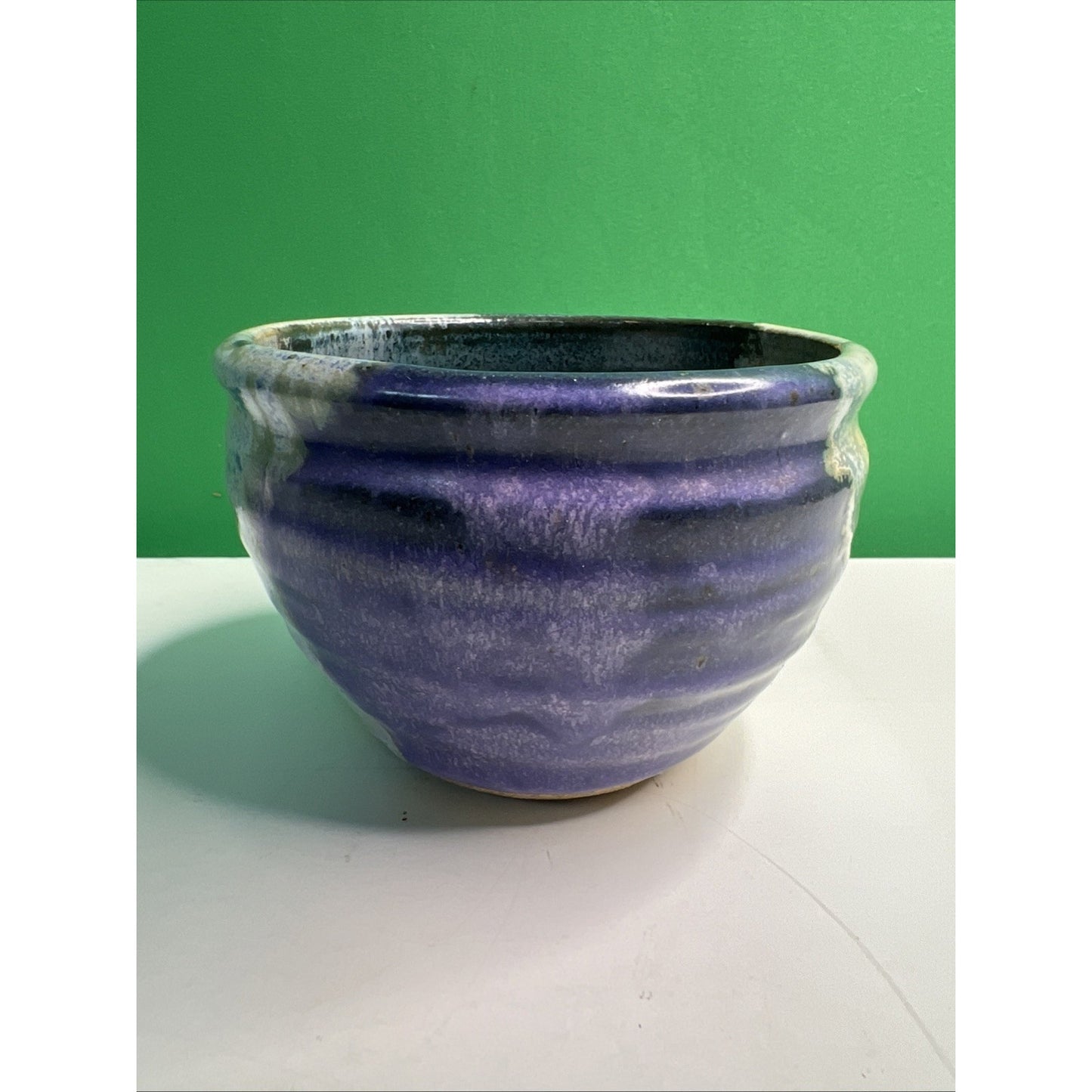 Studio Art Pottery Ceramic Blue And Purple Hues Drip Glazed Vintage Pot Bowl