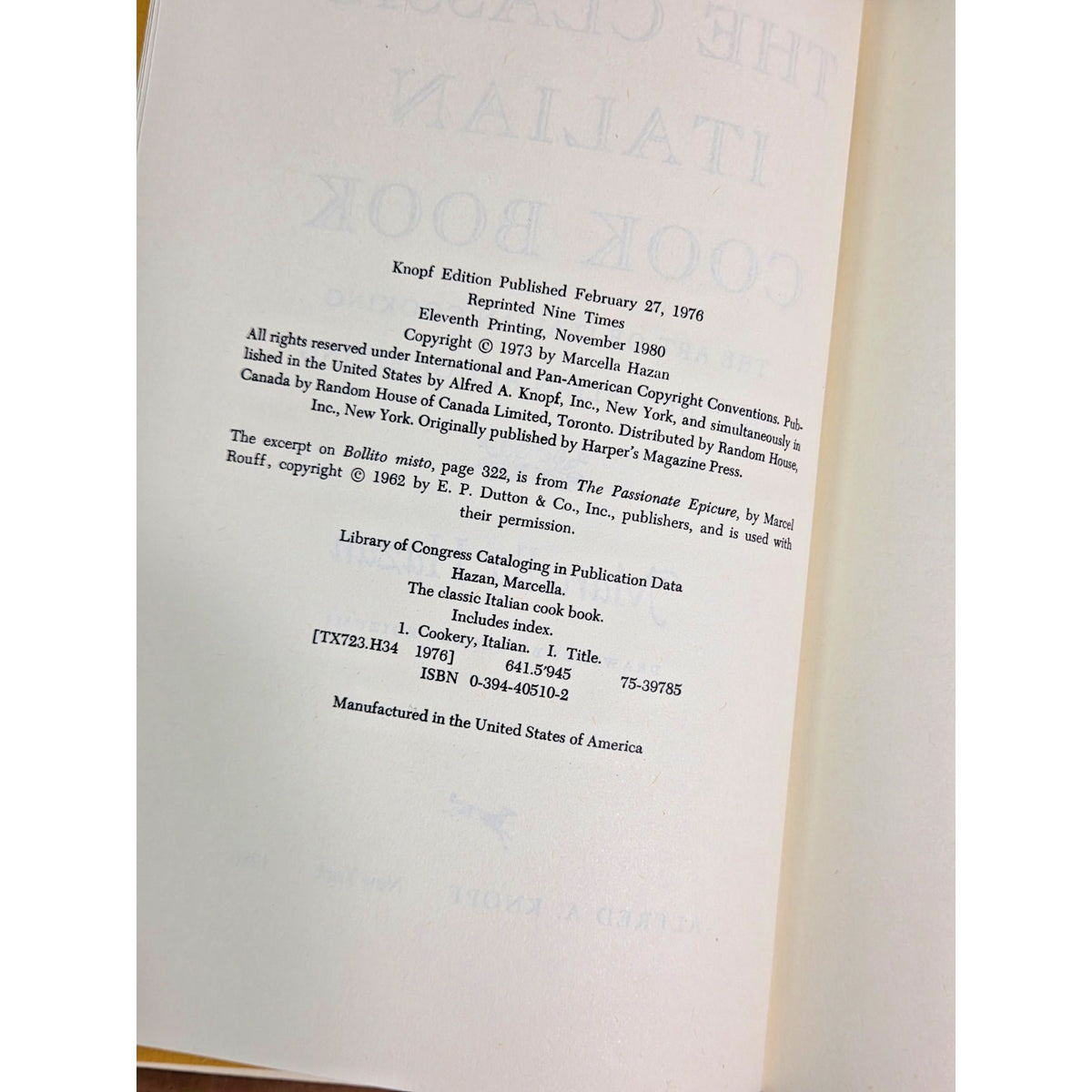 Marcella Hazan The Classic Italian Cook Book 1980 Vintage Knopf Hardcover