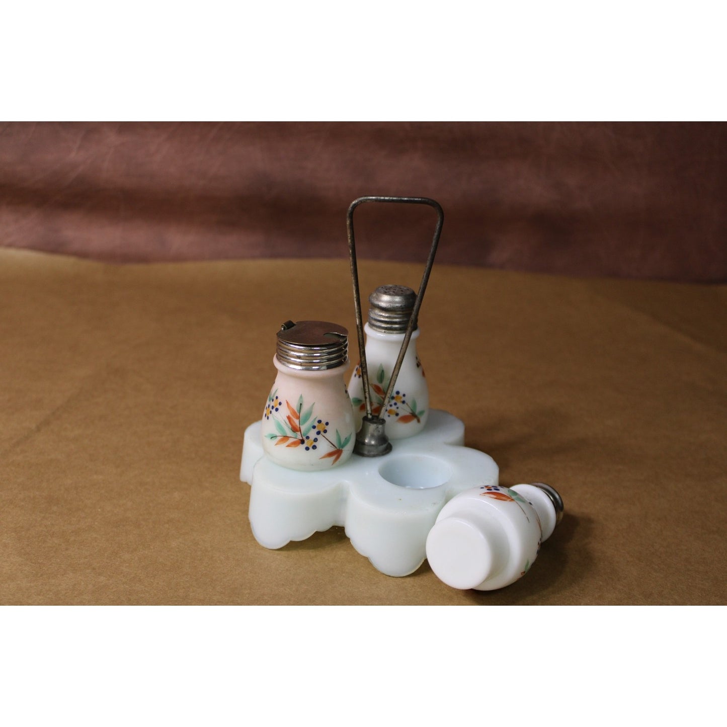 Antique Painted Milk Glass Condiment Caddy, Complete and Original