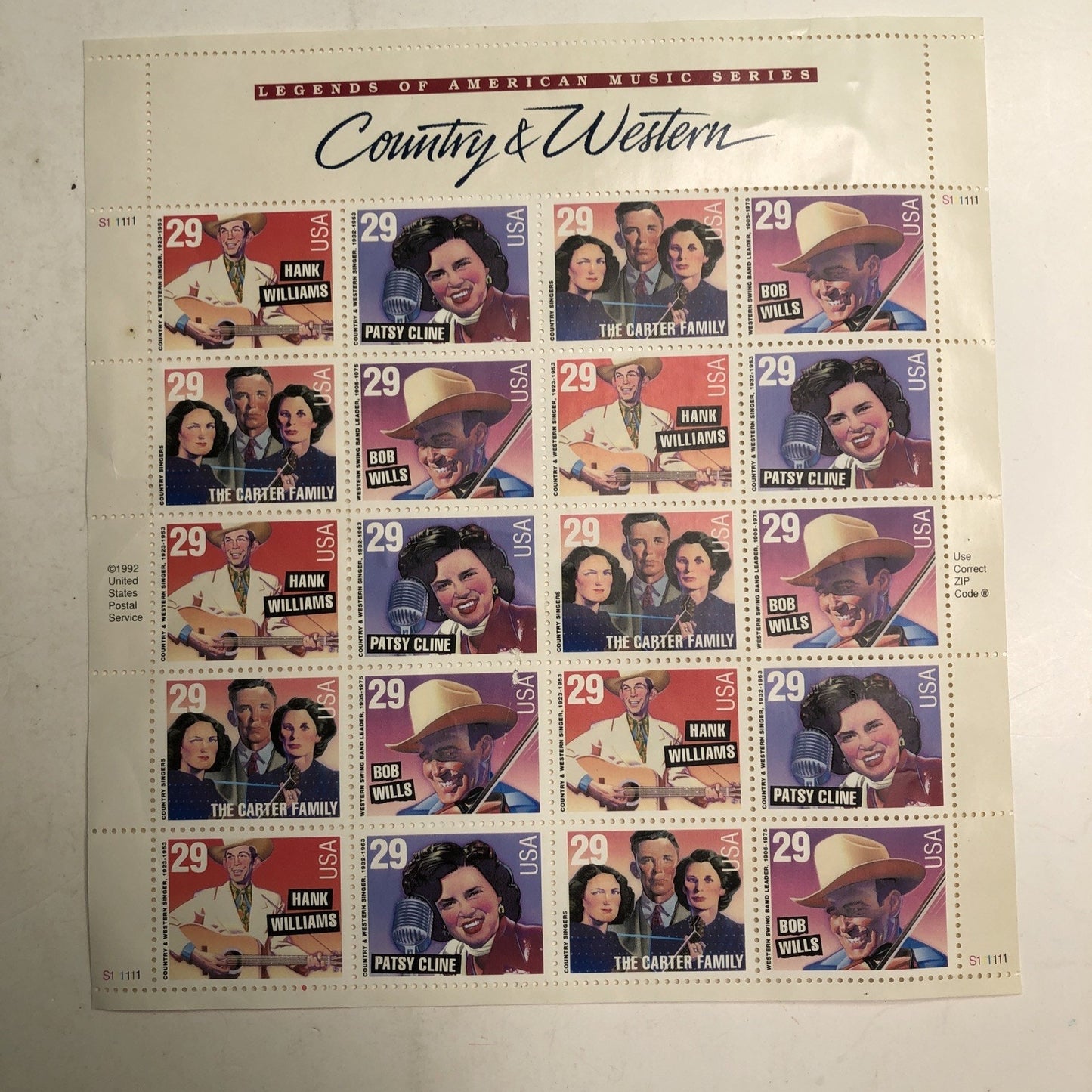 US Postage Stamps Country & Western Sheet of 20 1992 29 Cents Patsy Cline Hank