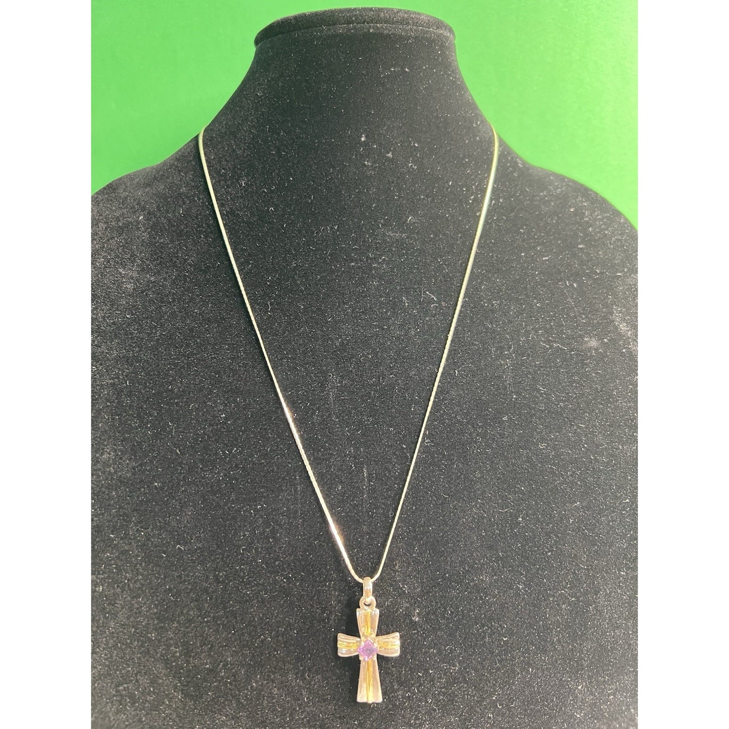 24” Sterling Silver 925 Chain And Cross Pendant Amethyst Purple Stone Necklace