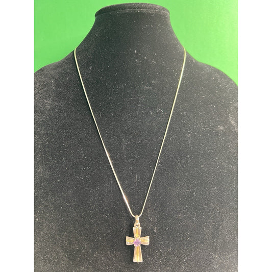 24” Sterling Silver 925 Chain And Cross Pendant Amethyst Purple Stone Necklace