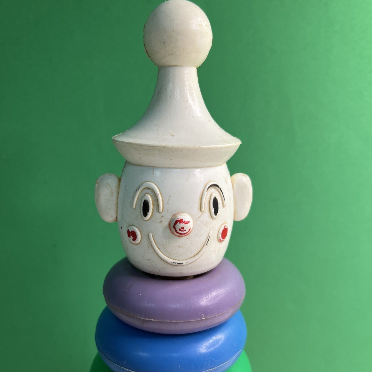 1960's a "Teach-A-Tot" Toy Wood Rocking Rainbow Stacking Plastic Donuts Clown