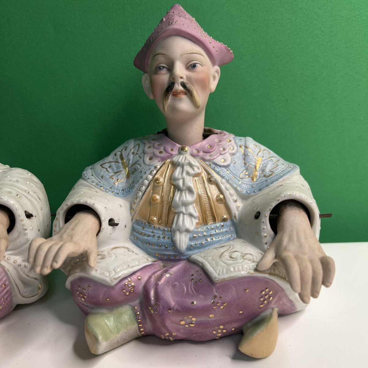 Vintage Pair of European Bisque Chinese Male & Female Nodders Pink Blue Gold