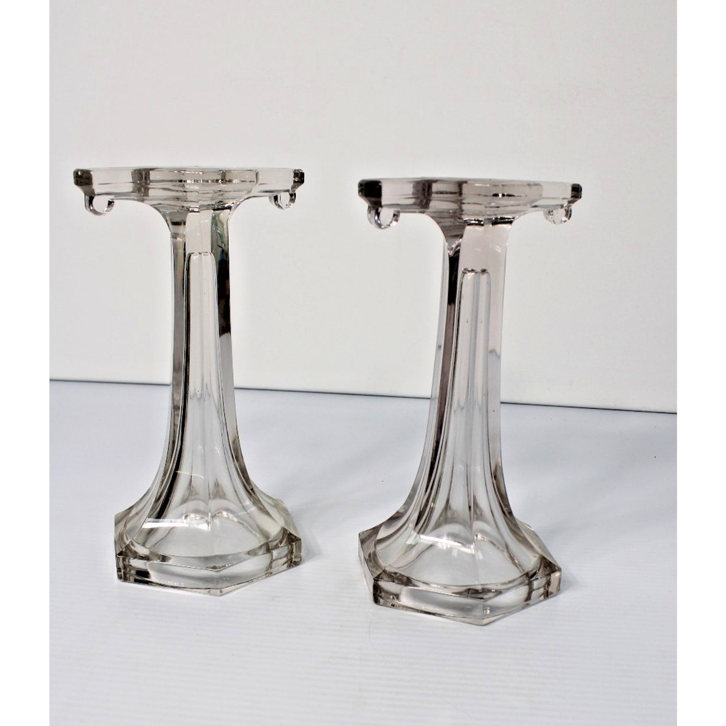 Antique Clear Glass Shelf Risers, Pedestals, Store Display Columns Pair 9"H