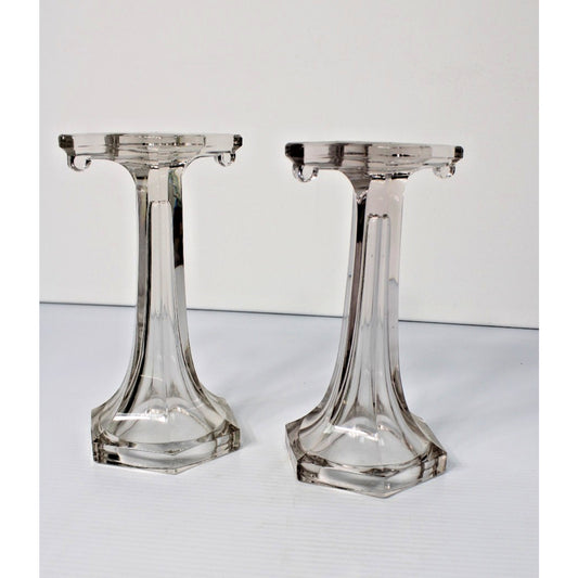 Antique Clear Glass Shelf Risers, Pedestals, Store Display Columns Pair 9"H