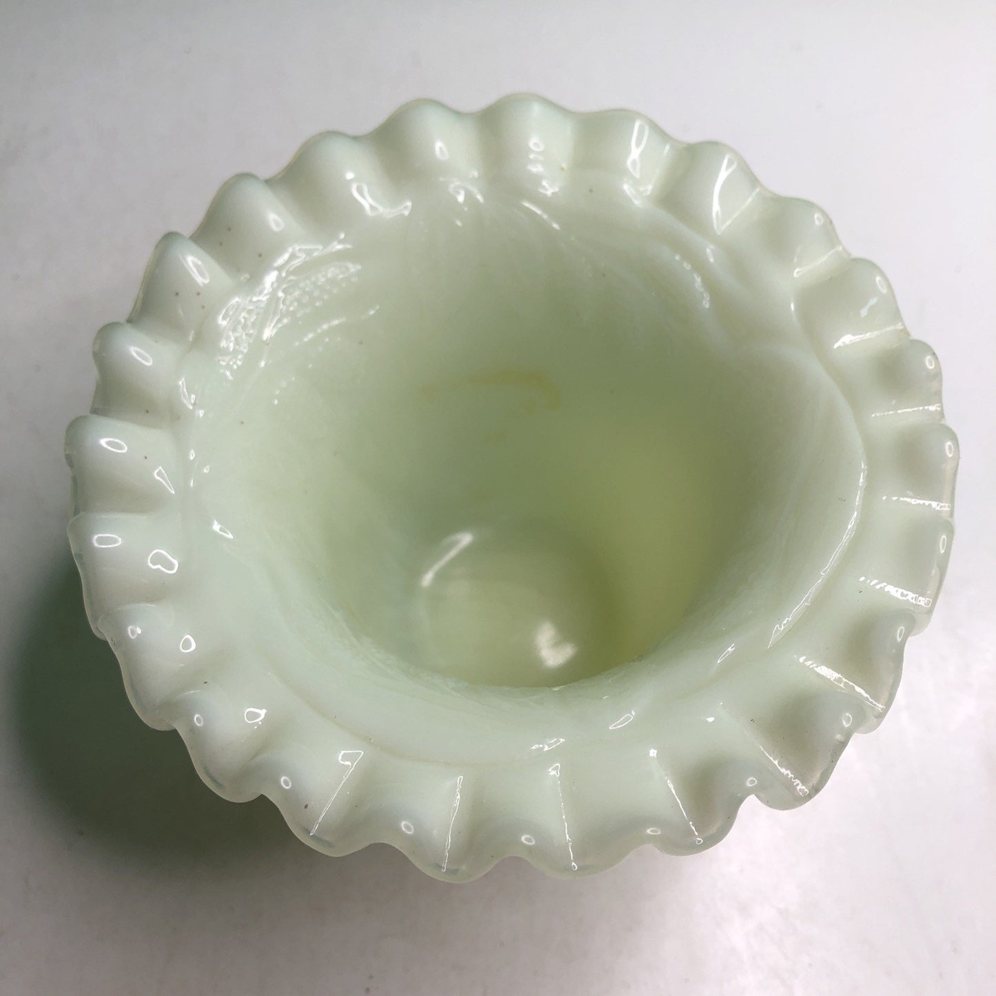 Vintage Uranium Custard Glass Vase 3.5” Tall Ruffle Top Grape Leaf Design Glows
