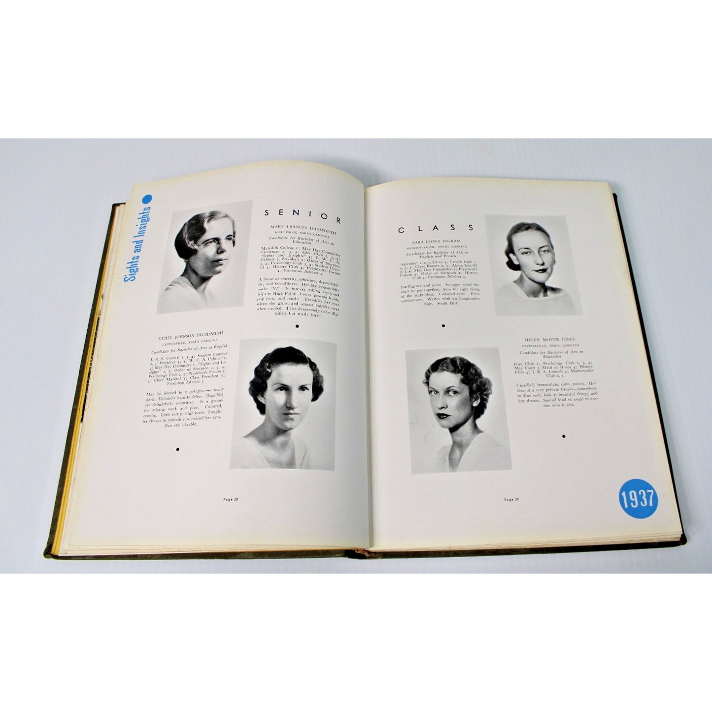 Vintage 1937 Salem Womens College "Sights & Insights" Yearbook Winston-Salem NC