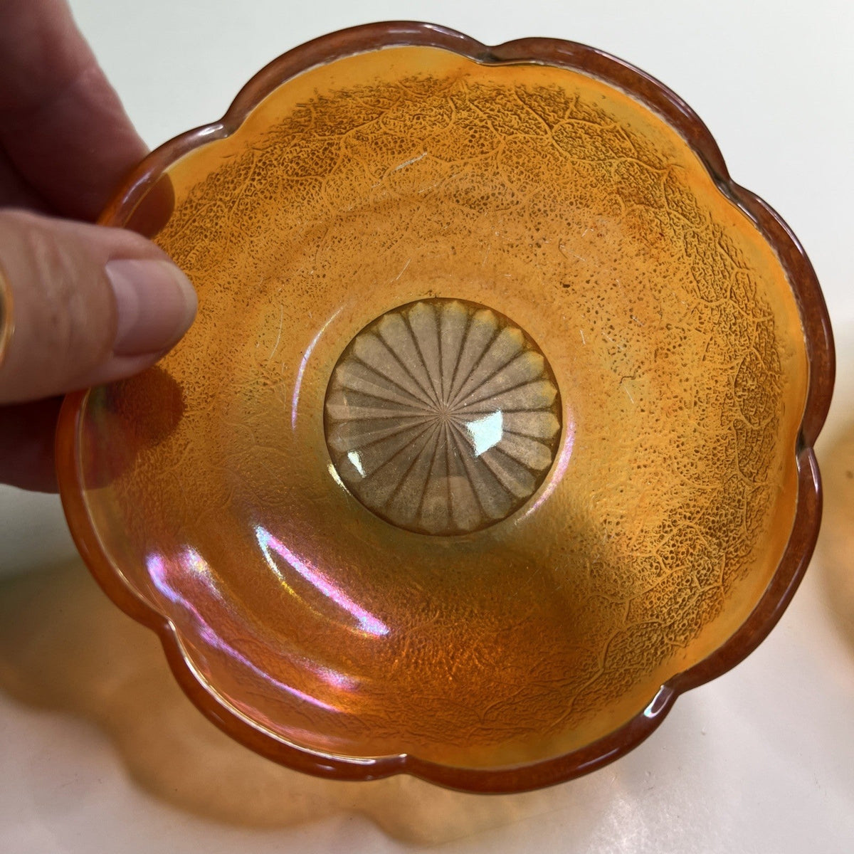 Pair Vintage Jeanette Marigold Iridescent Berry Bowls Crackle Carnival Glass 4"