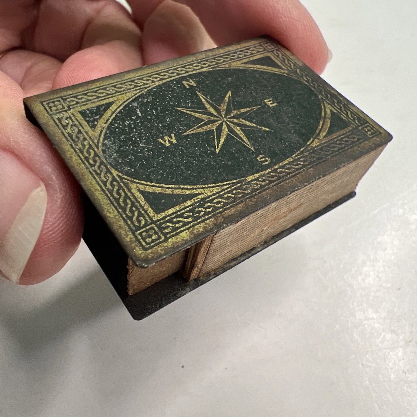 VTG Brass Small Matchbox Case Pirate Ship Compass Wooden Strike Holder