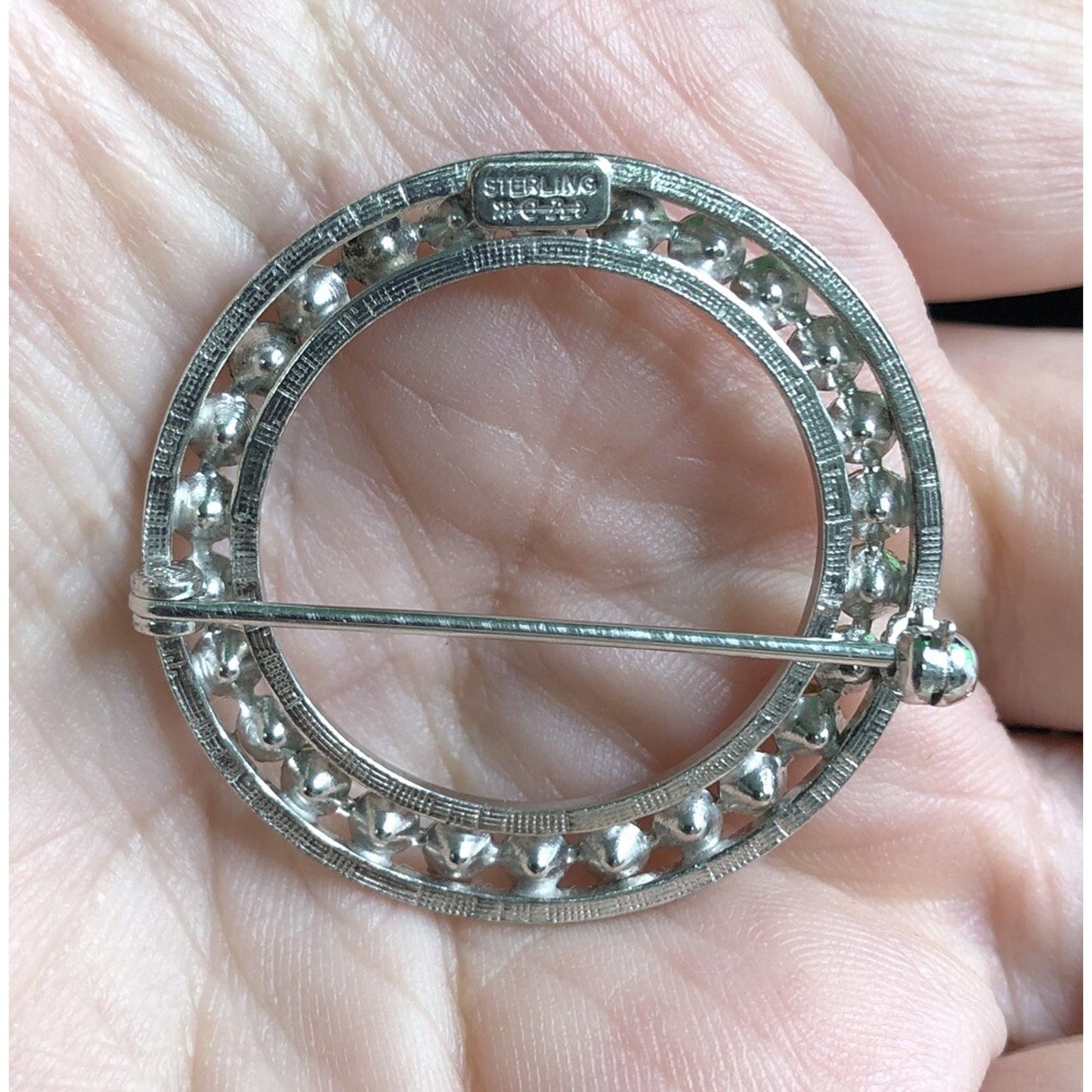 Vintage Stamped CA CARL ART Arrow Sterling Silver Rhinestones CIRCLE BROOCH Pin
