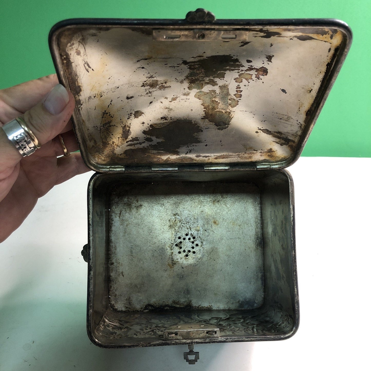 Antique Reed & Barton Silverplate Humidor #130 Cherubs With Key Monogrammed Top