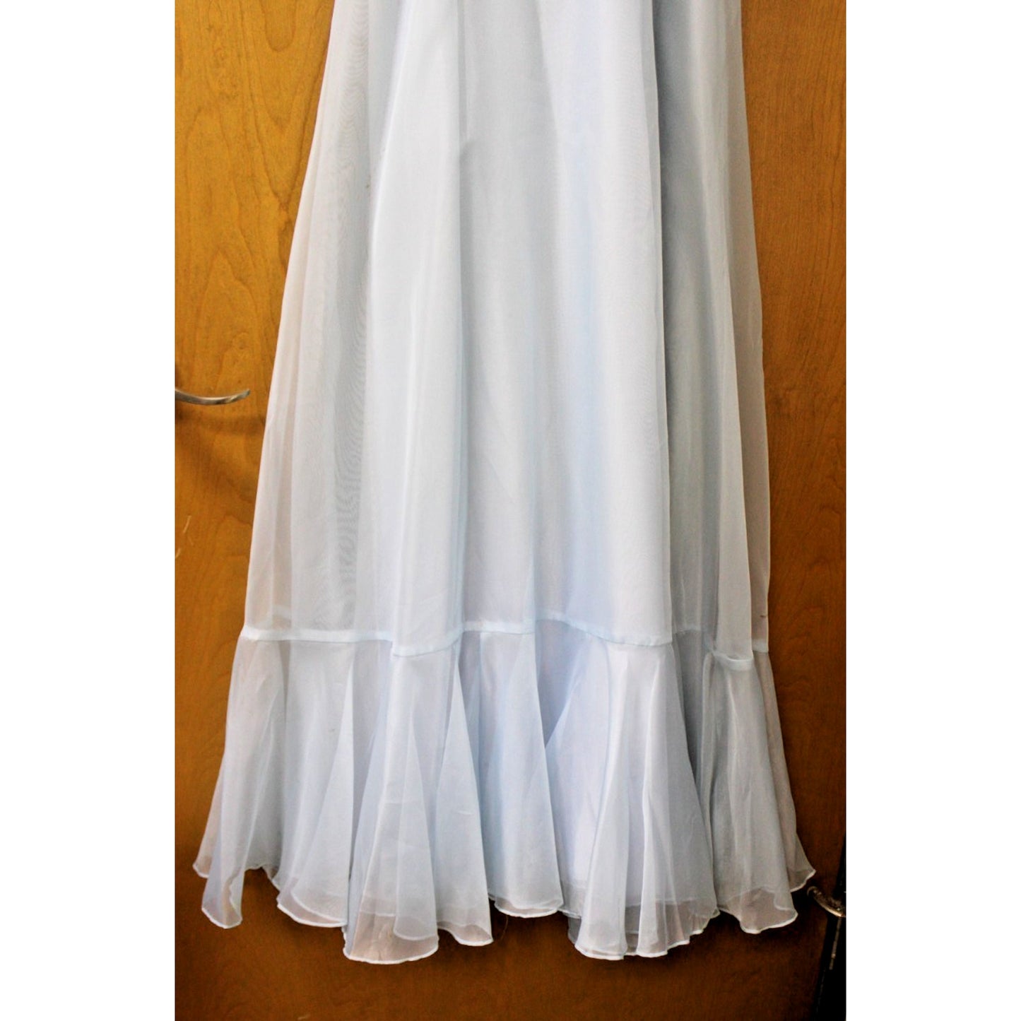 Vtg 70s Ice Blue Organza Formal Dress Off Shoulder Ruffle Tiered Prom Gown S XS