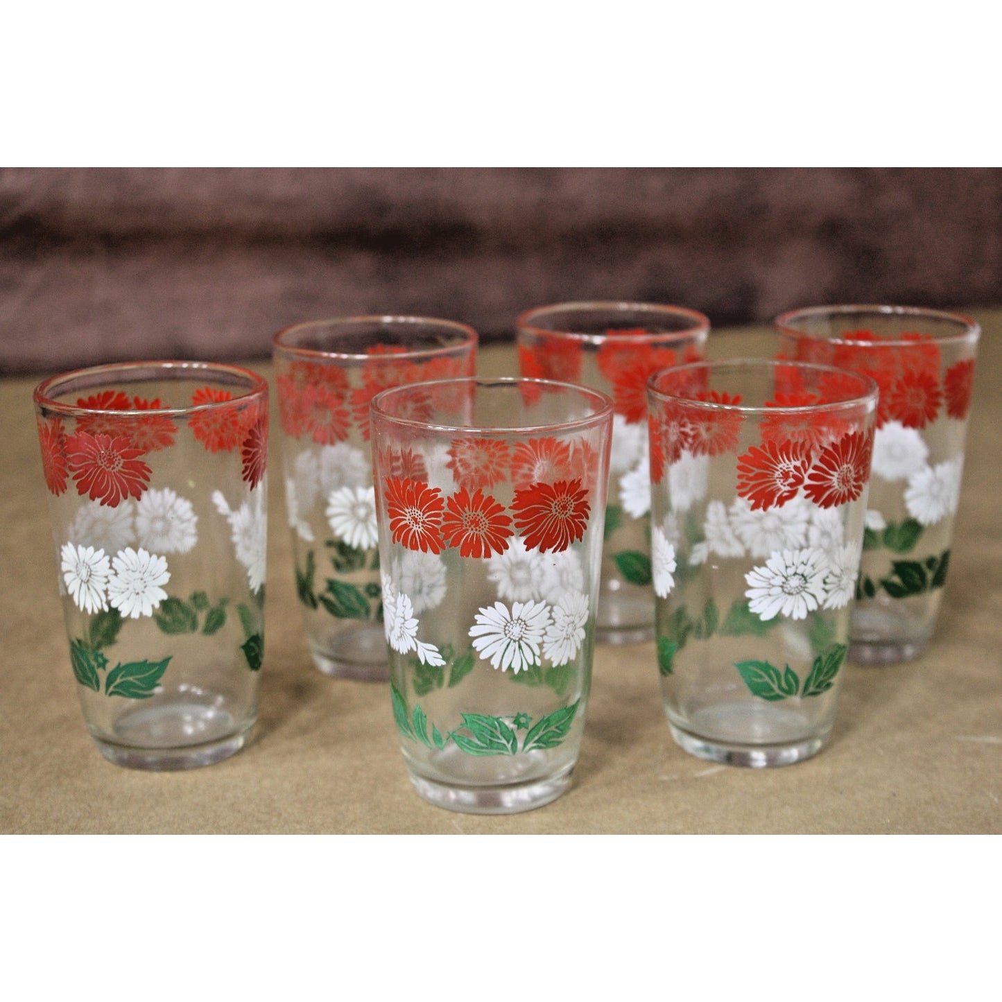 Six Vintage MCM Hazel Atlas Swanky Swig Juice Glasses Daisy Red White & Green