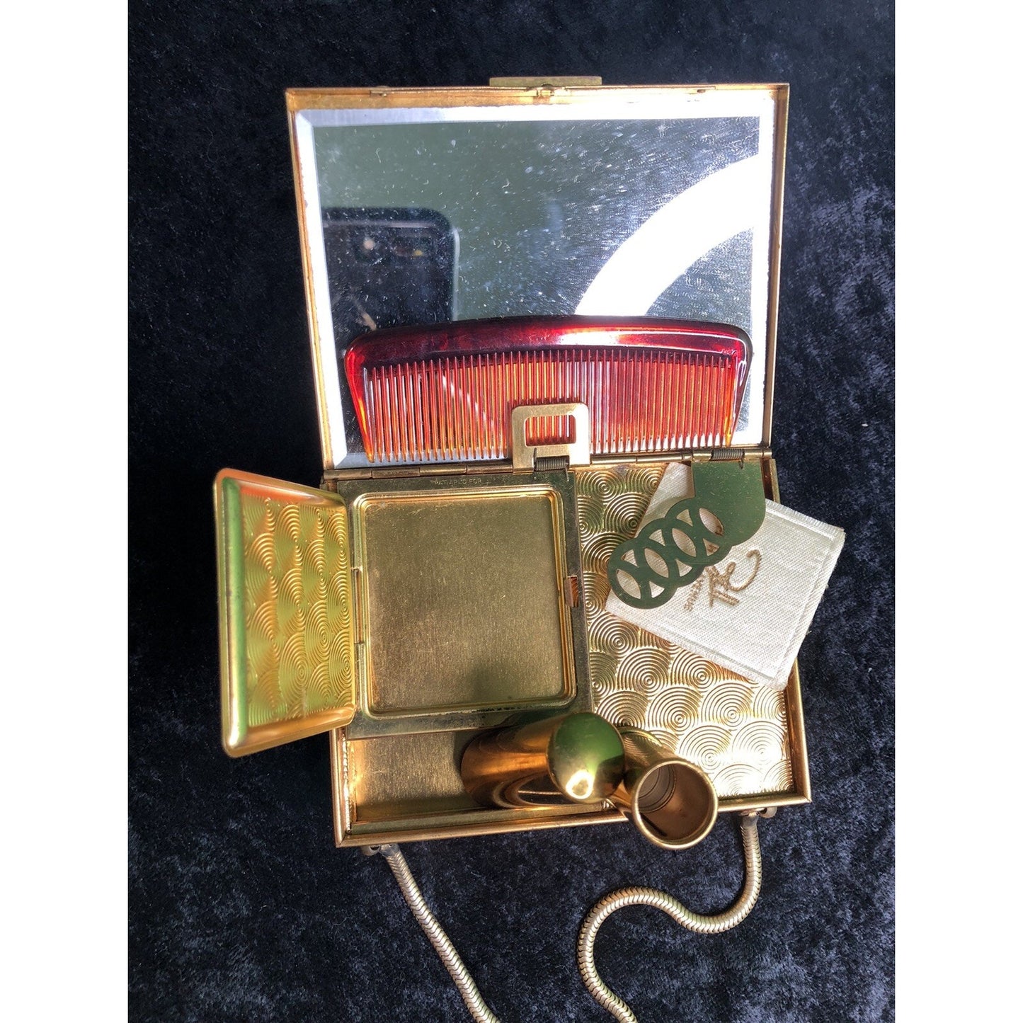 Vintage Minaudiere Metal Box Purse W/ Powder Lipstick Comb Mirror Evening Bag