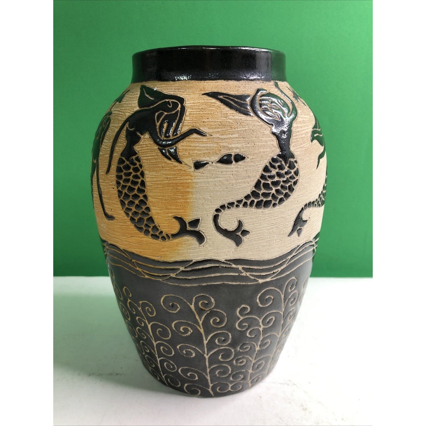 Beautiful MERMAID Vase Sgrafitto Studio Art Pottery Rich Brown Cream Orange