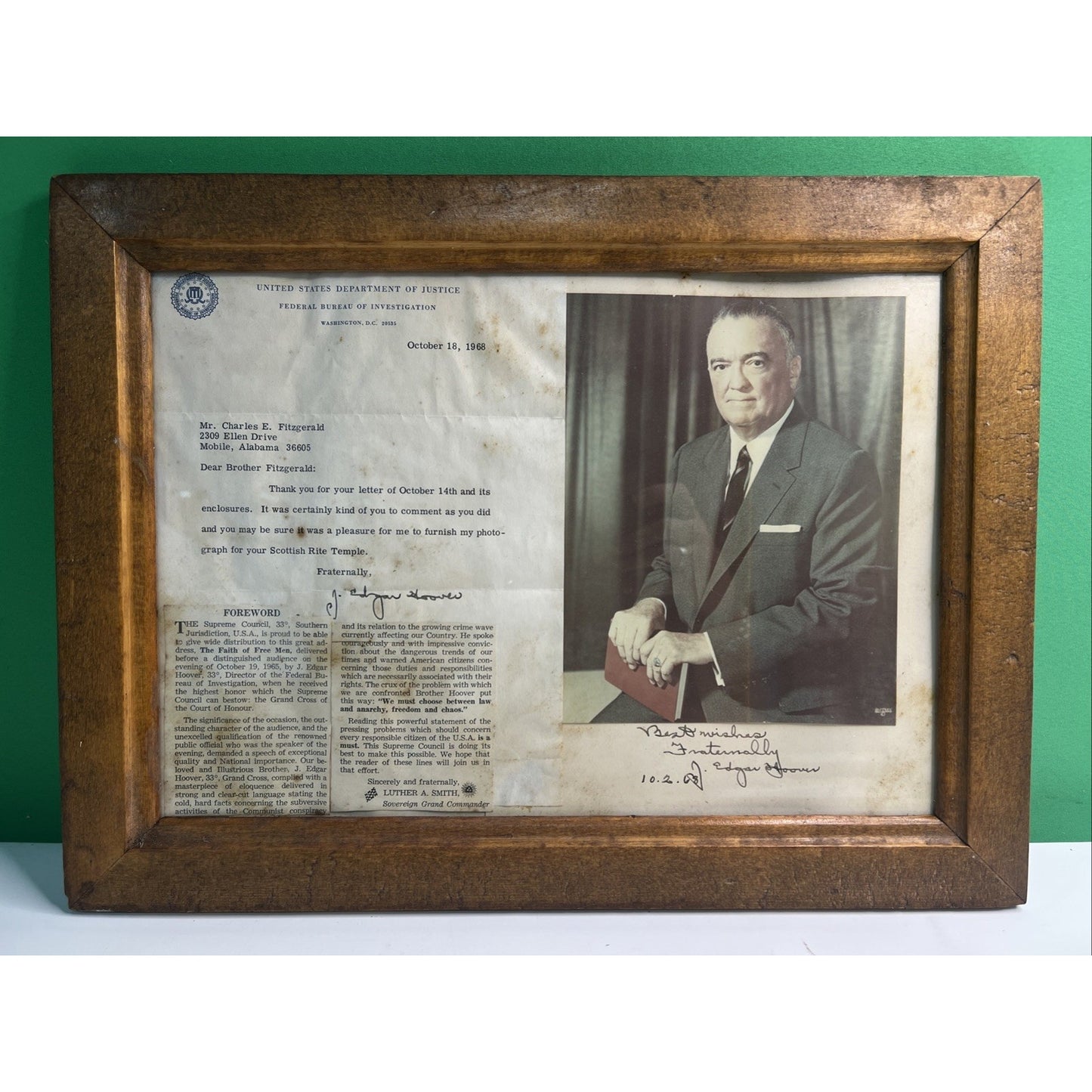 1968 J Edgar Hoover Autographed Photo FBI Director Scottish Rite Mobile Alabama