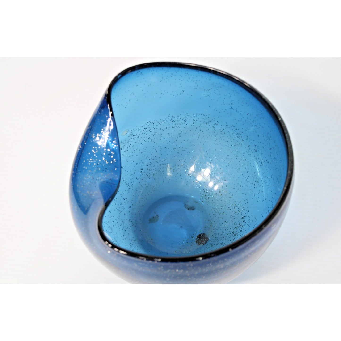 Vintage 60s Mod Blue Glass Vessel with Glitter Flake, Folded Rim Bowl- Gorgeous!