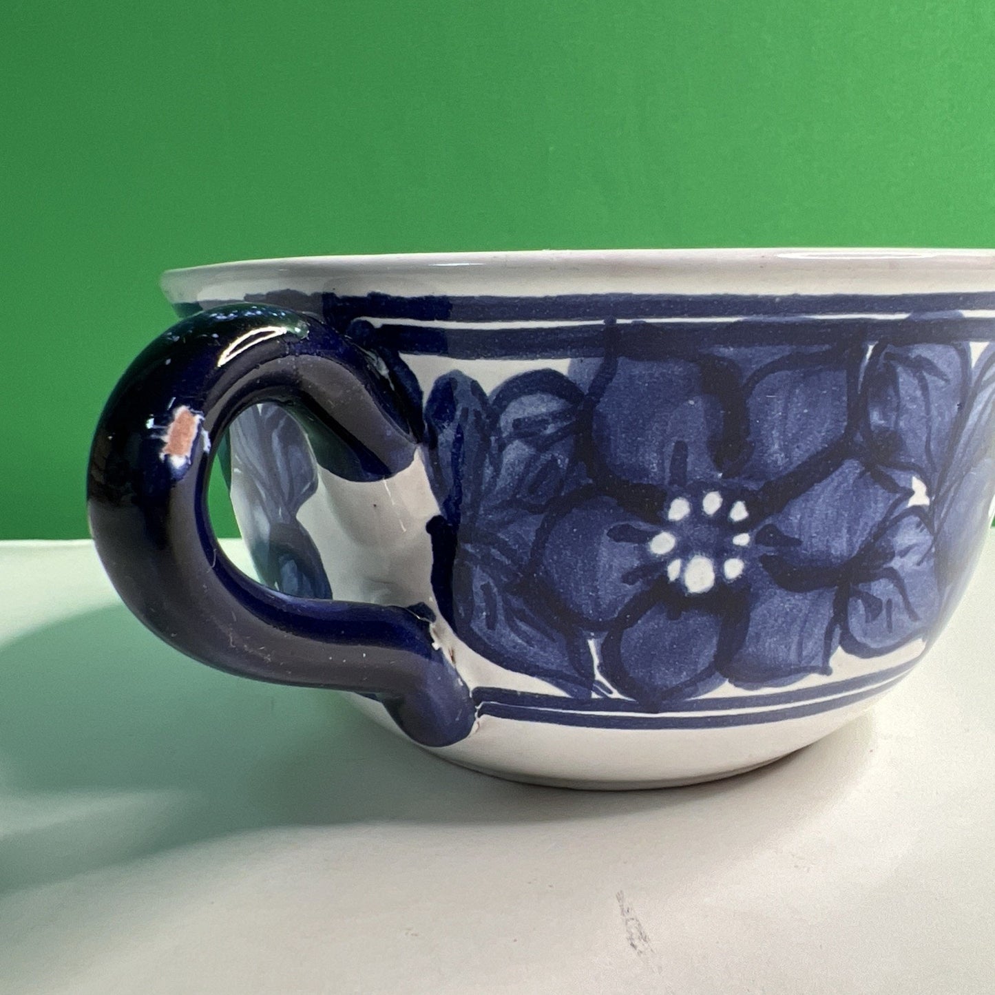 Vintage Stoneware Double Handle Blue & White Floral Hand Painted SOUP BOWL