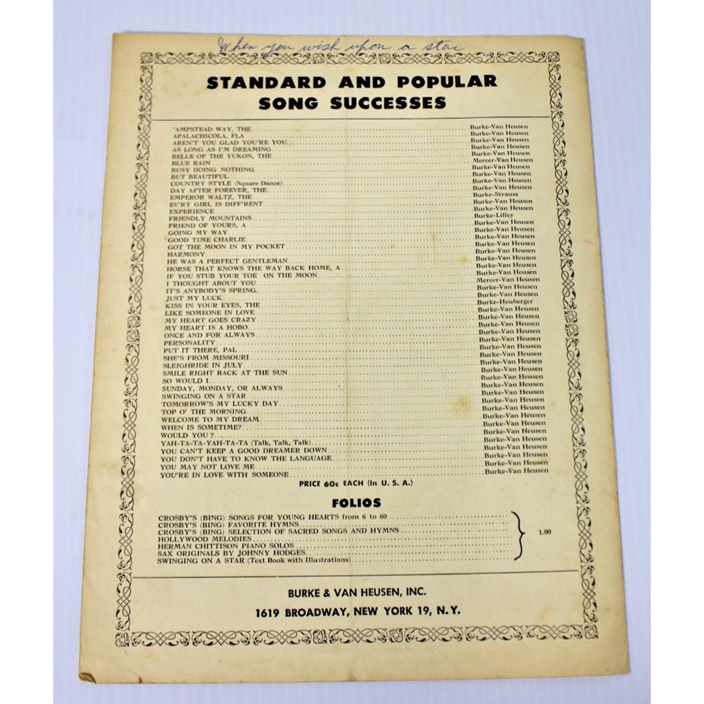 1944 Vintage Sheet Music: Swinging on A Star- Johnny Burke, Jimmy Van Heusen