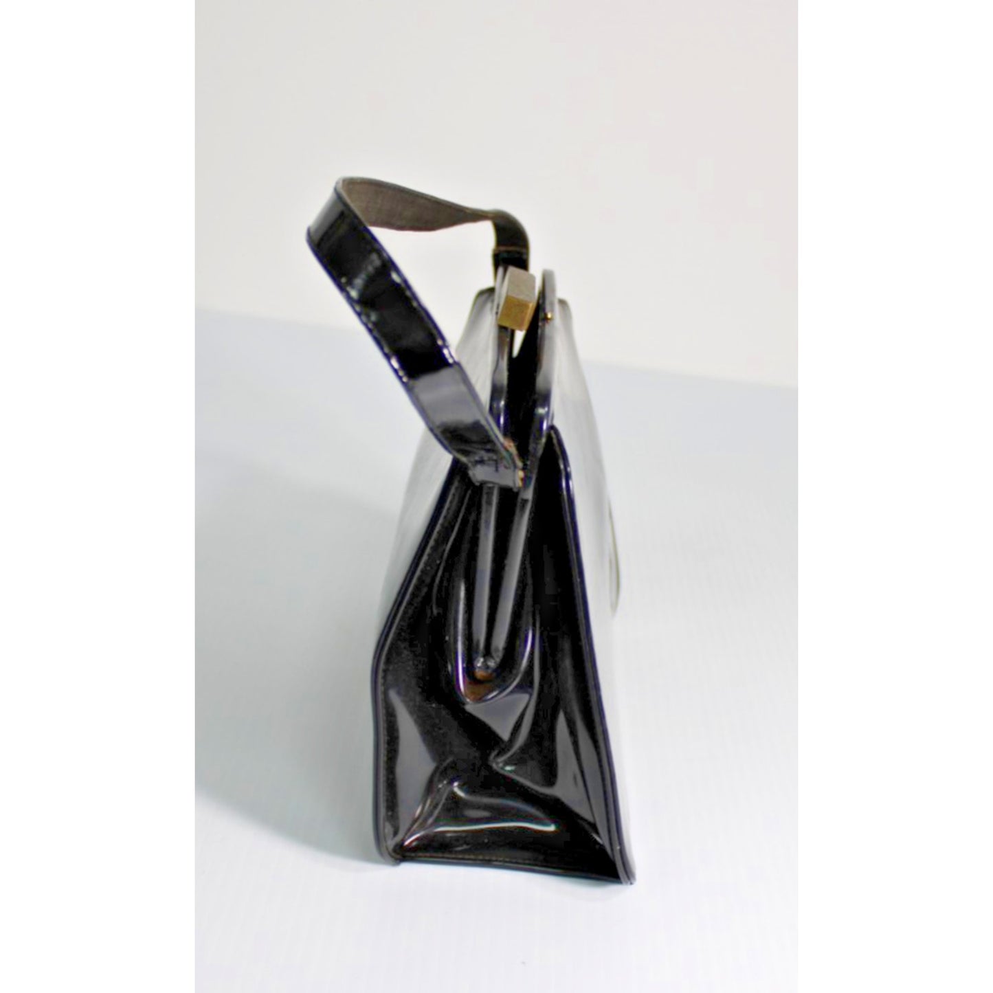 Vintage 1950s 1960s Black Patent Structured Frame Handbag Gold Bar Clasp MCM