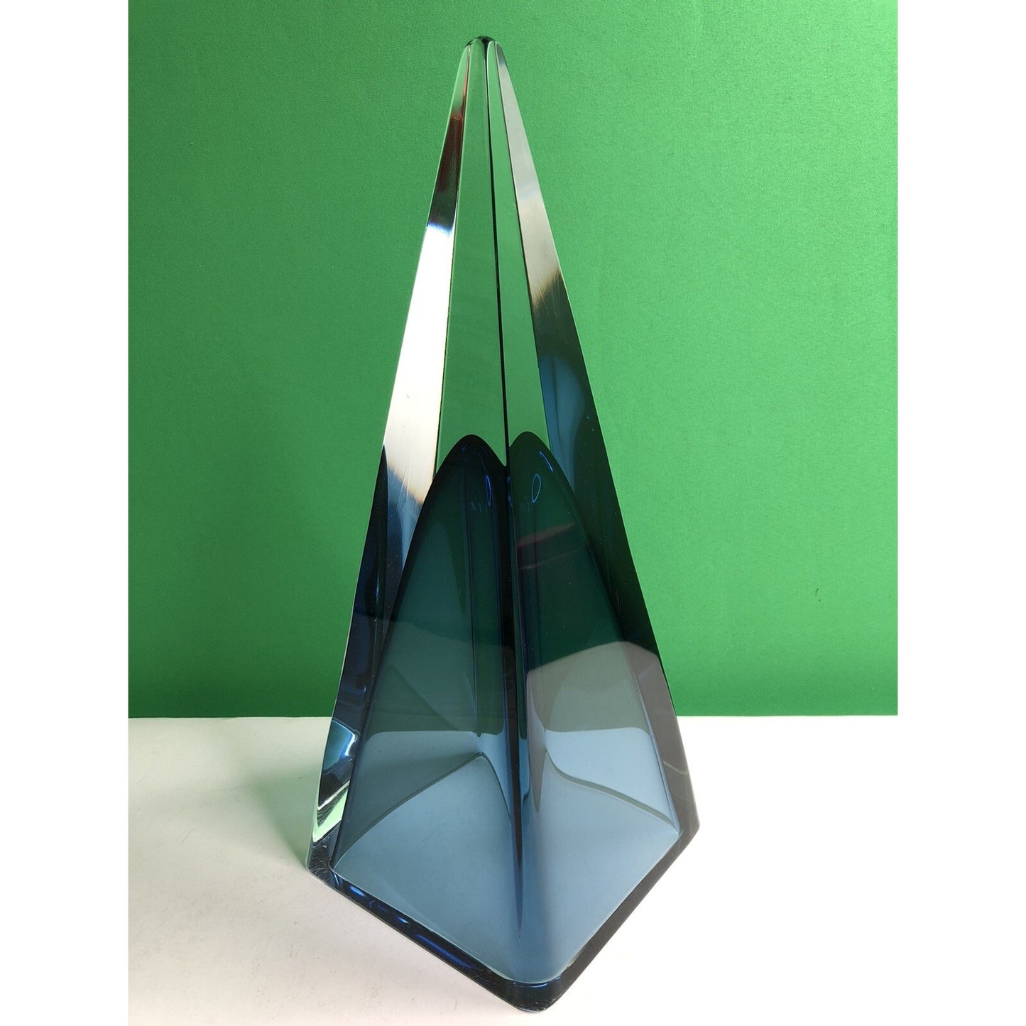 Vintage Cobalt Blue & Clear Crystal Pyramid Glass Triangle 12” High