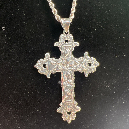 Vintage Sterling Rope Chain With Large Floral Cross Pendant