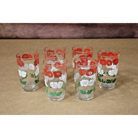 Six Vintage MCM Hazel Atlas Swanky Swig Juice Glasses Daisy Red White & Green