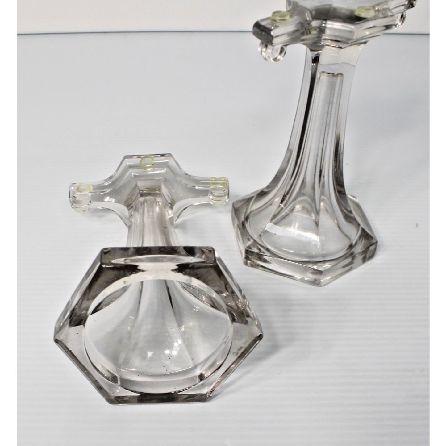 Antique Clear Glass Shelf Risers, Pedestals, Store Display Columns Pair 7-1/4"H