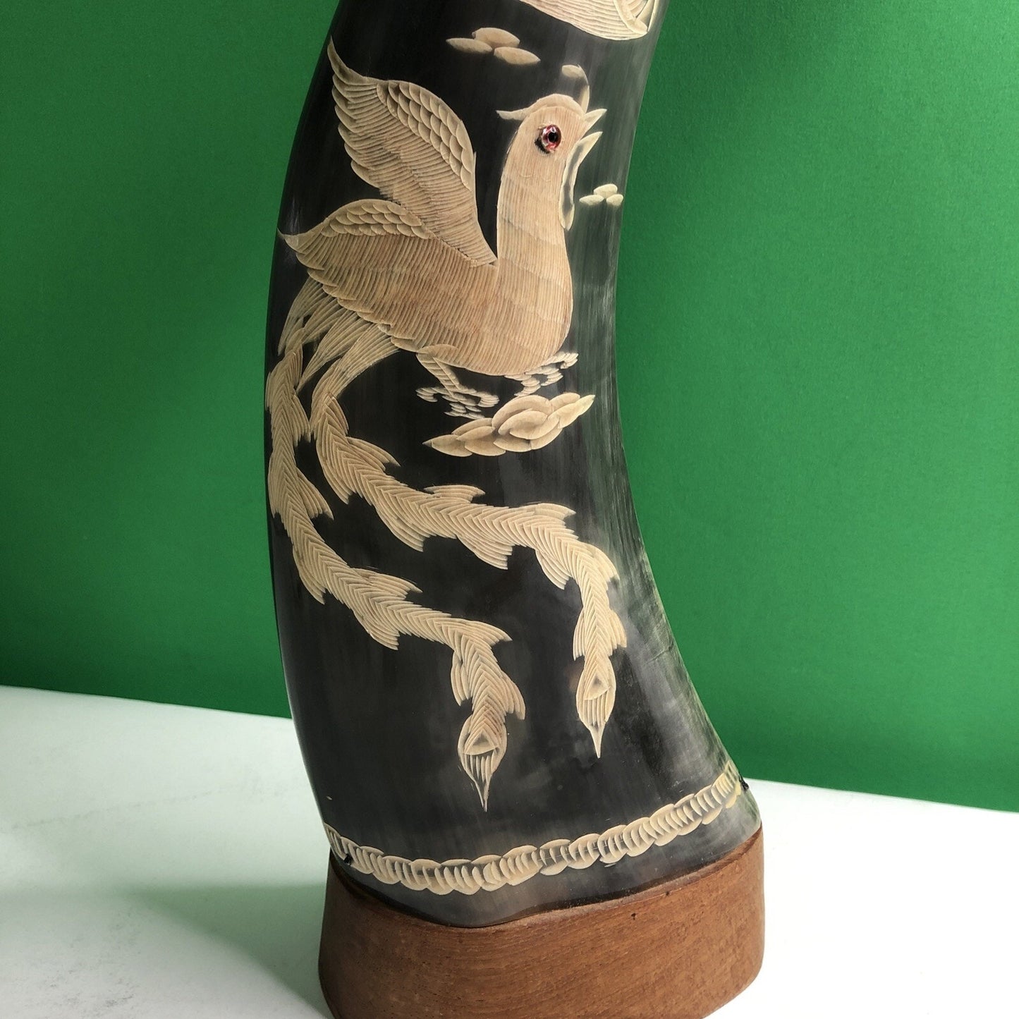PAIR OF Large WATER BUFFALO HORNS CARVED WITH DRAGON & PHOENIX FENG SHUI