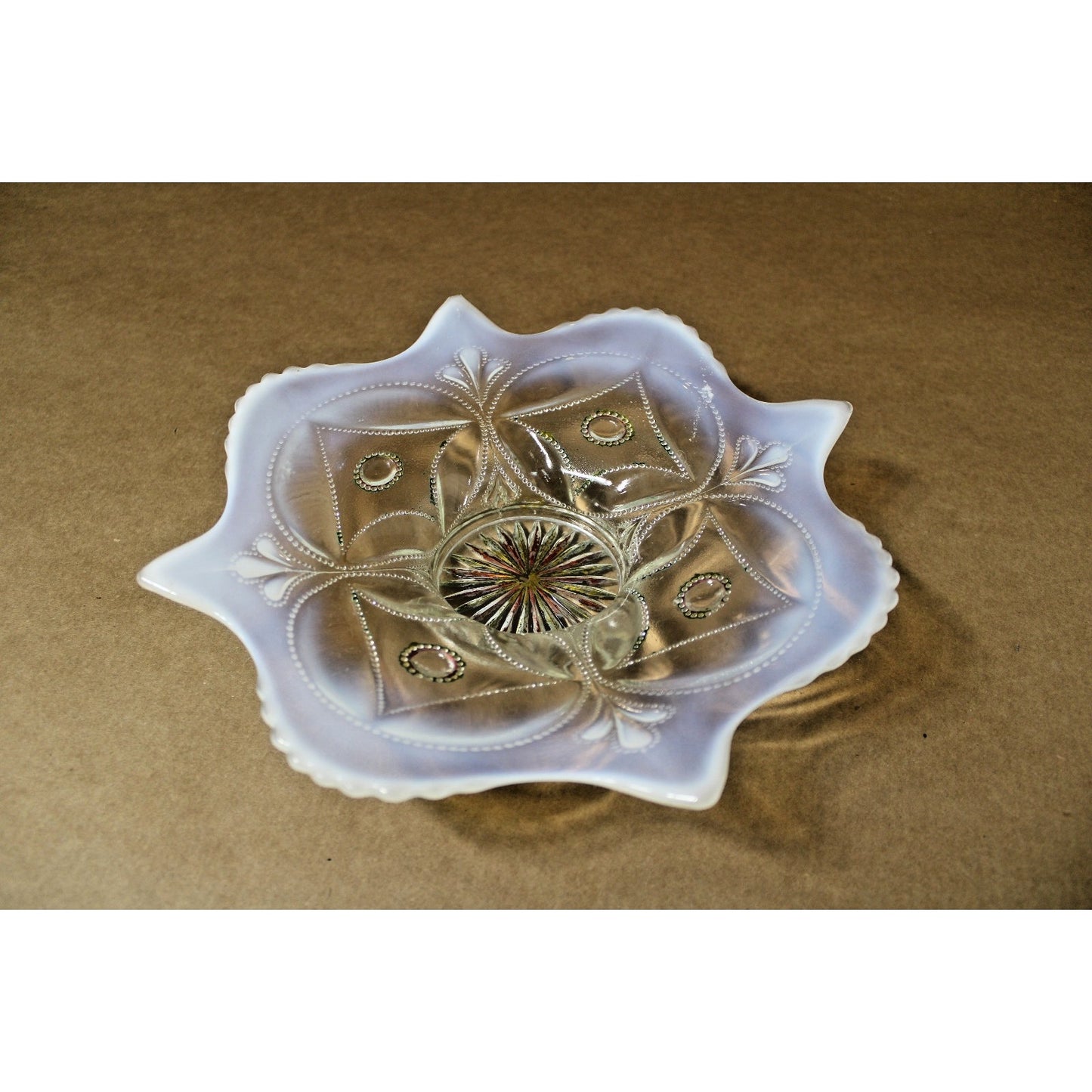 Antique Dugan Glass Opalescent White Wheel & Block Bowl c. 1905