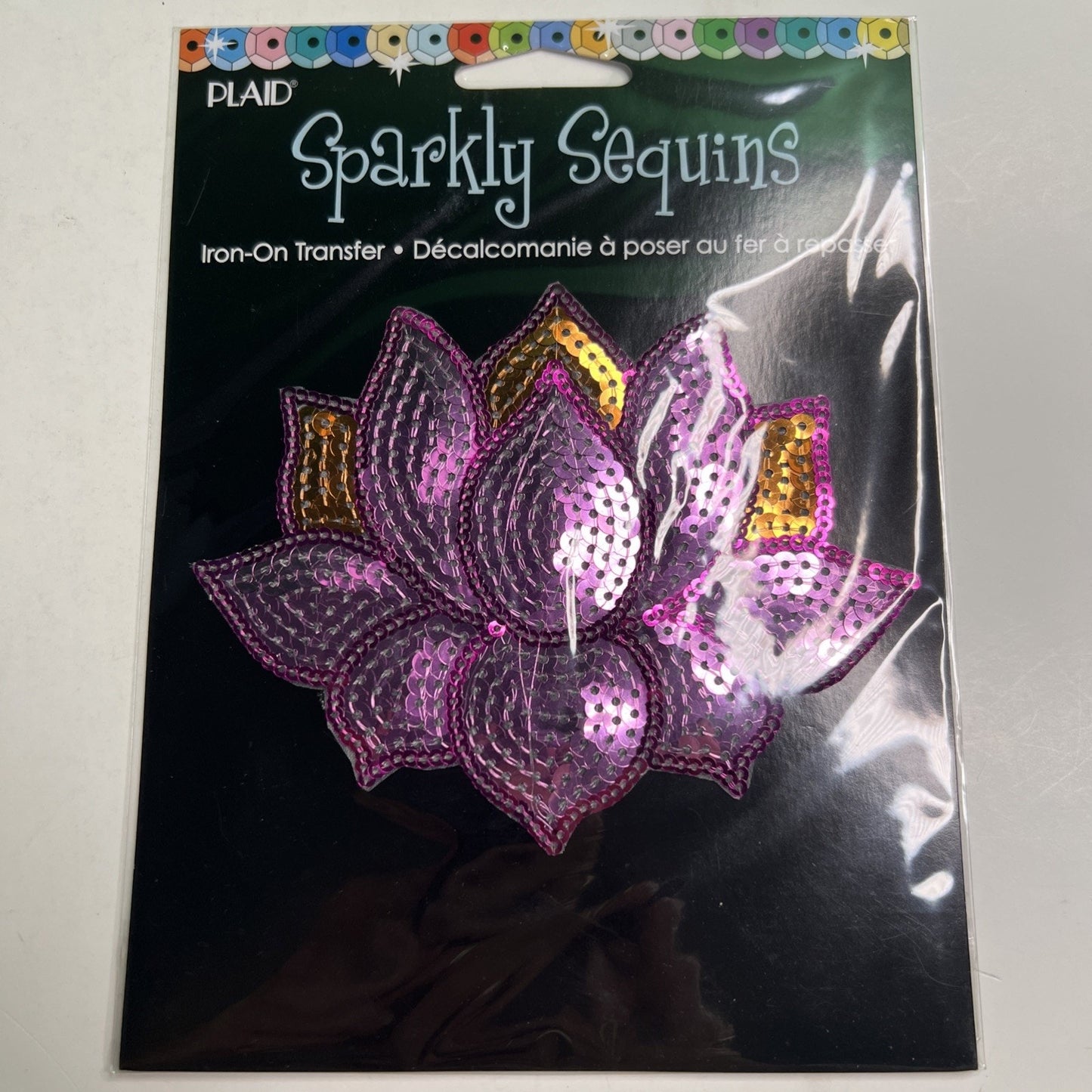 Lot of 2 Plaid Sparkly Sequins Iron on Transfer Lotus Flower & Elephant
