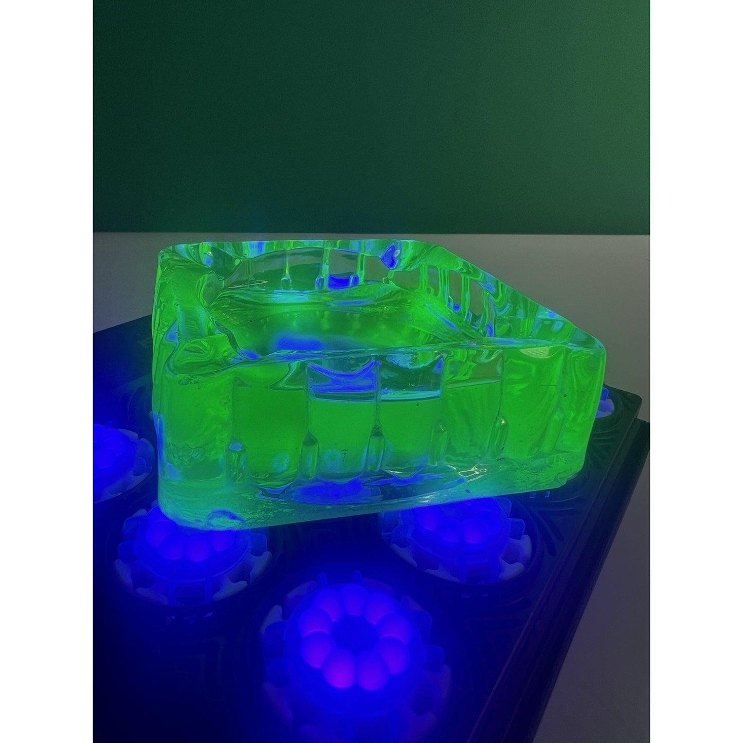 Vintage 4x4 Uranium Glass Ashtray Heavy Depression Green Glows Bright Tobacciano