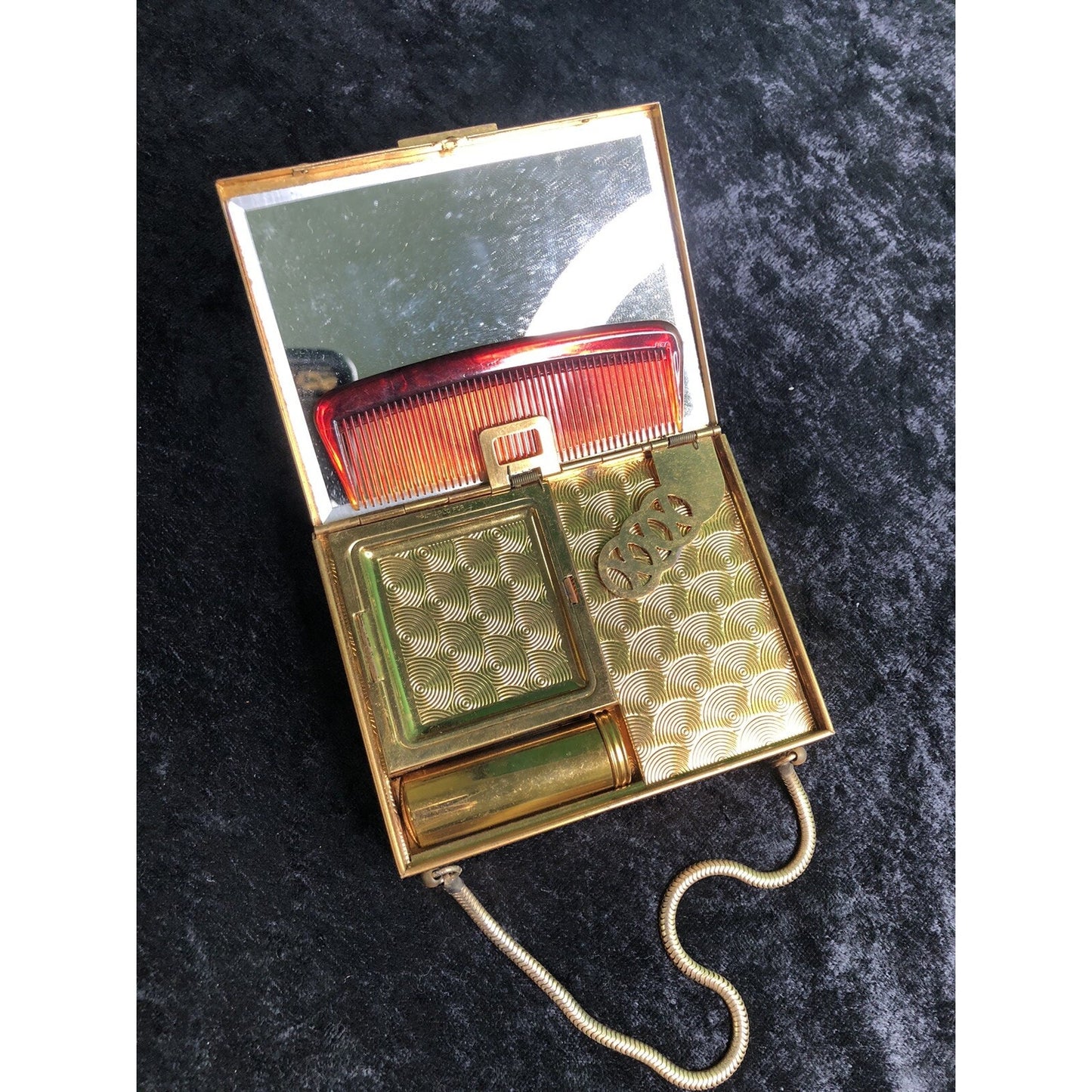 Vintage Minaudiere Metal Box Purse W/ Powder Lipstick Comb Mirror Evening Bag