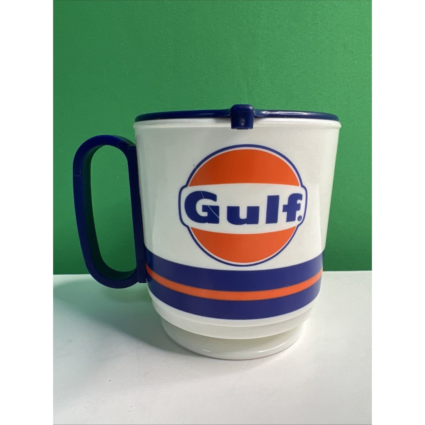 Vintage 1980s Gulf Oil Advertising Travel Mug Small Plastic Cup With Lid