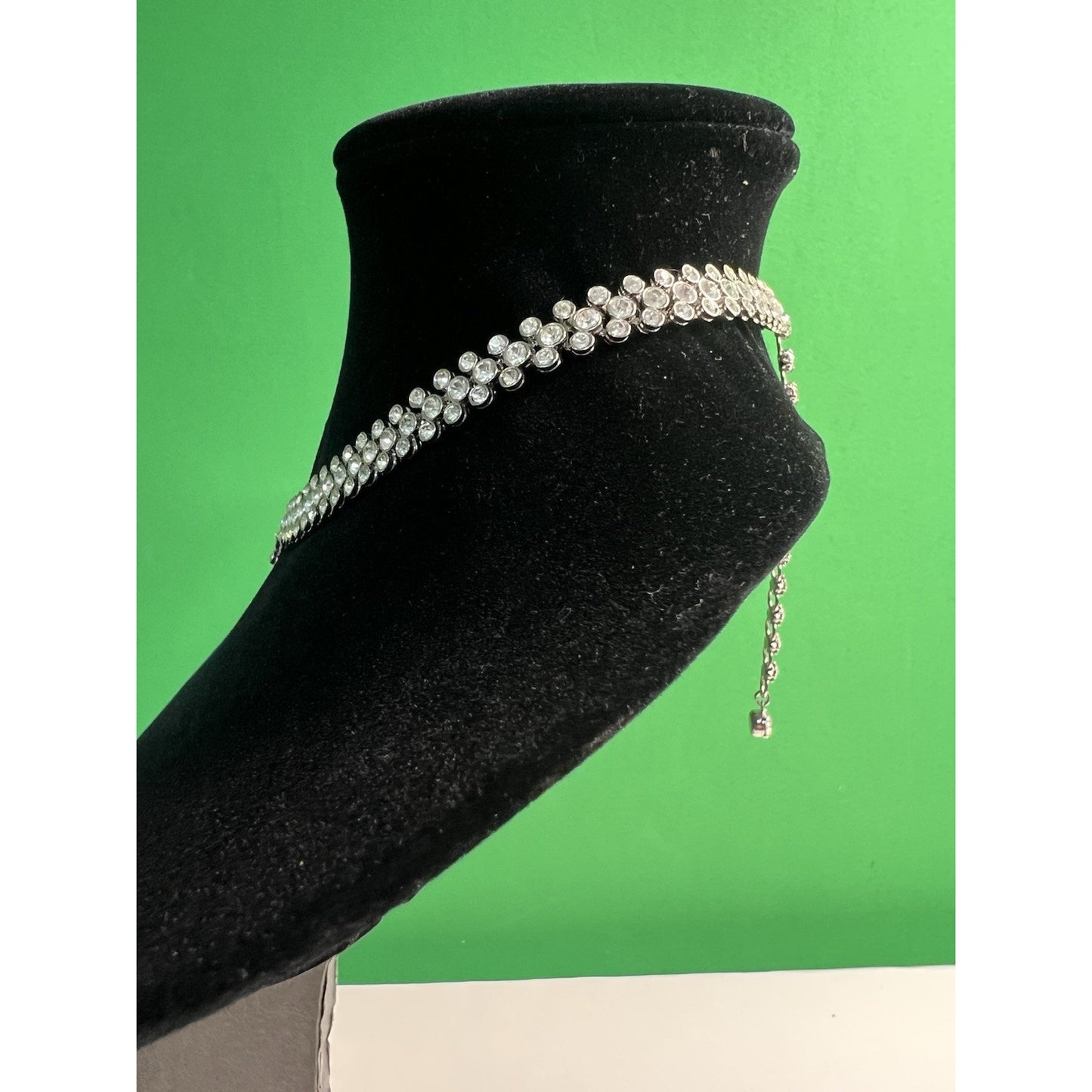 Bezel Set Rhinestone Collar Necklace Triple Layer V Drop 15” Long w/4” Extender