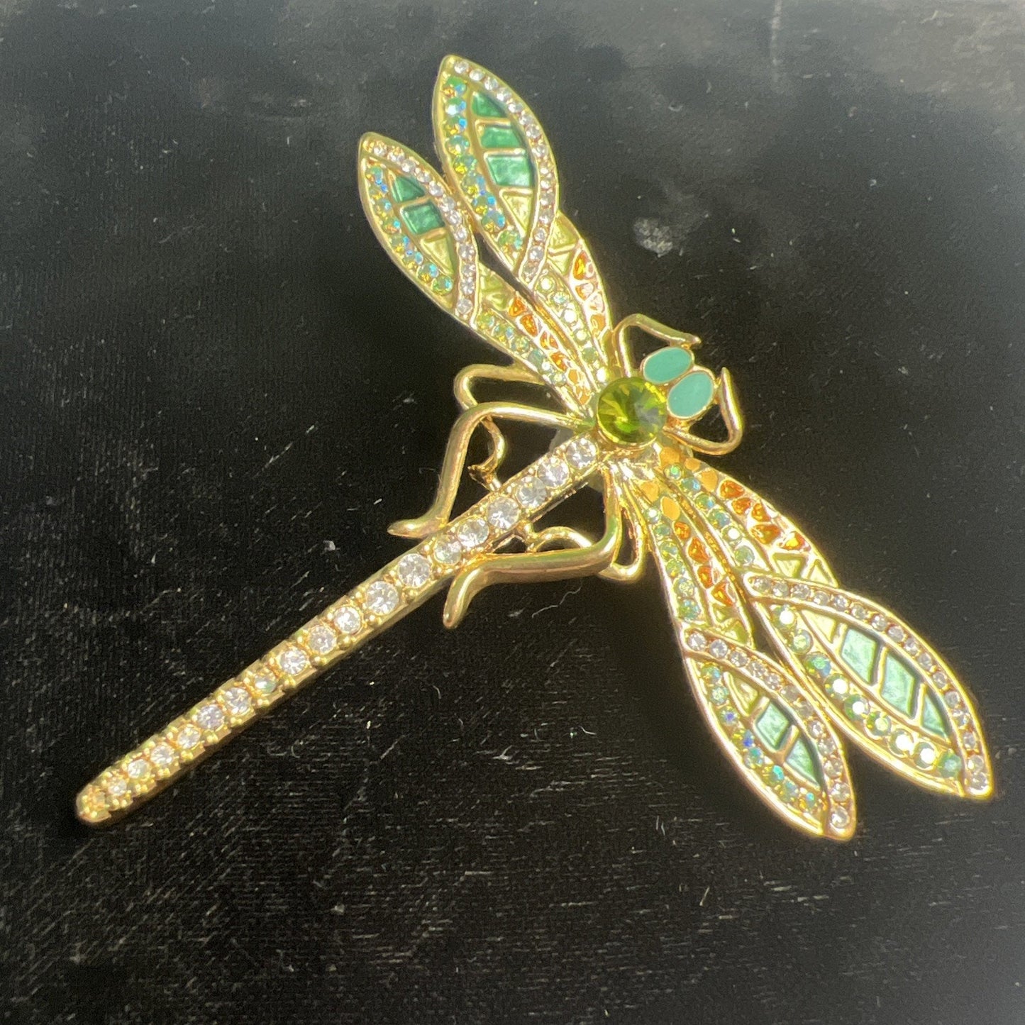 Vintage Dragonfly Brooch Pin Green & Blue Rhinestone Enamel 2.5” Long x 3” Wide