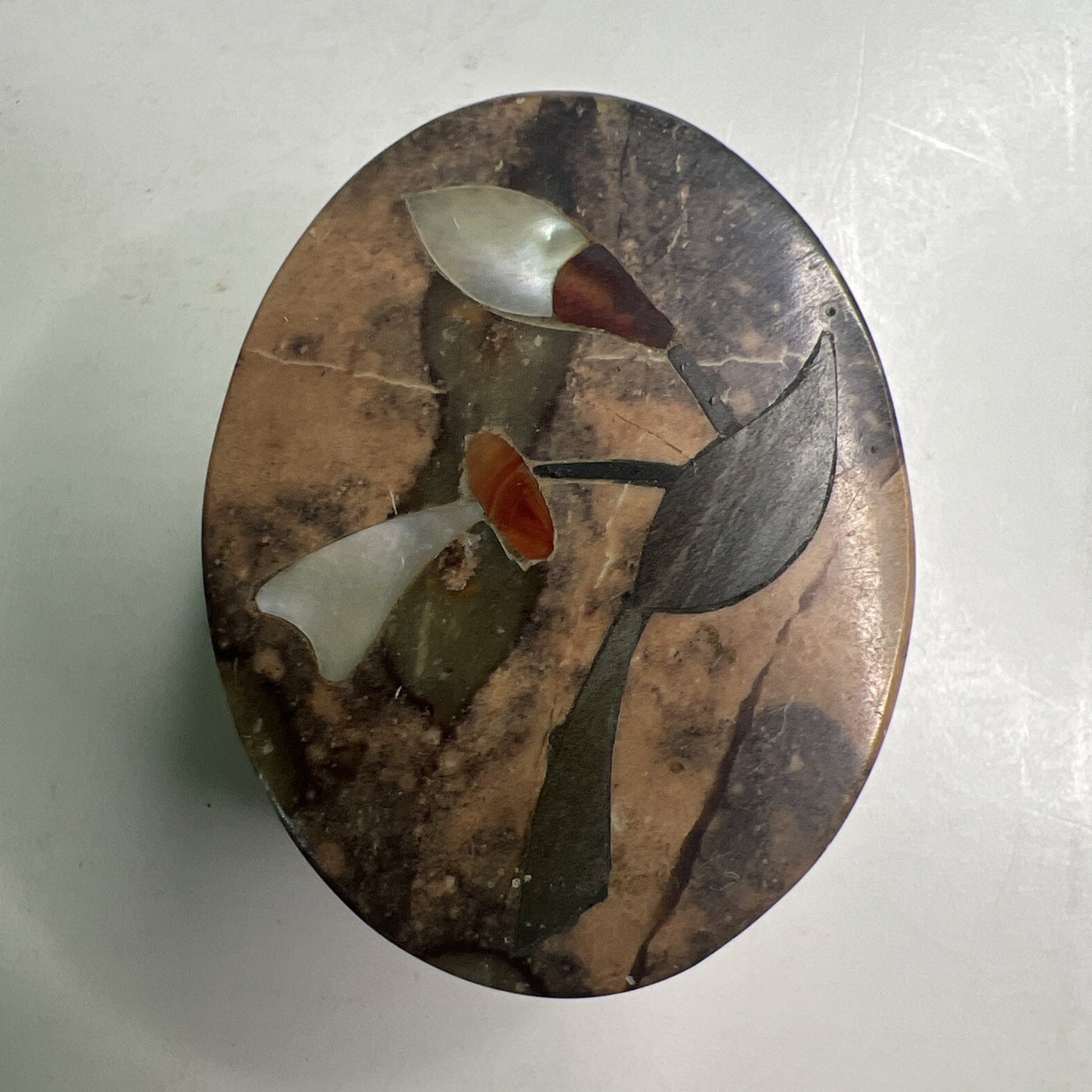 Fetco Carved Soapstone Small Inlaid Oval Box Trinket Vanity Natural Stone Lid