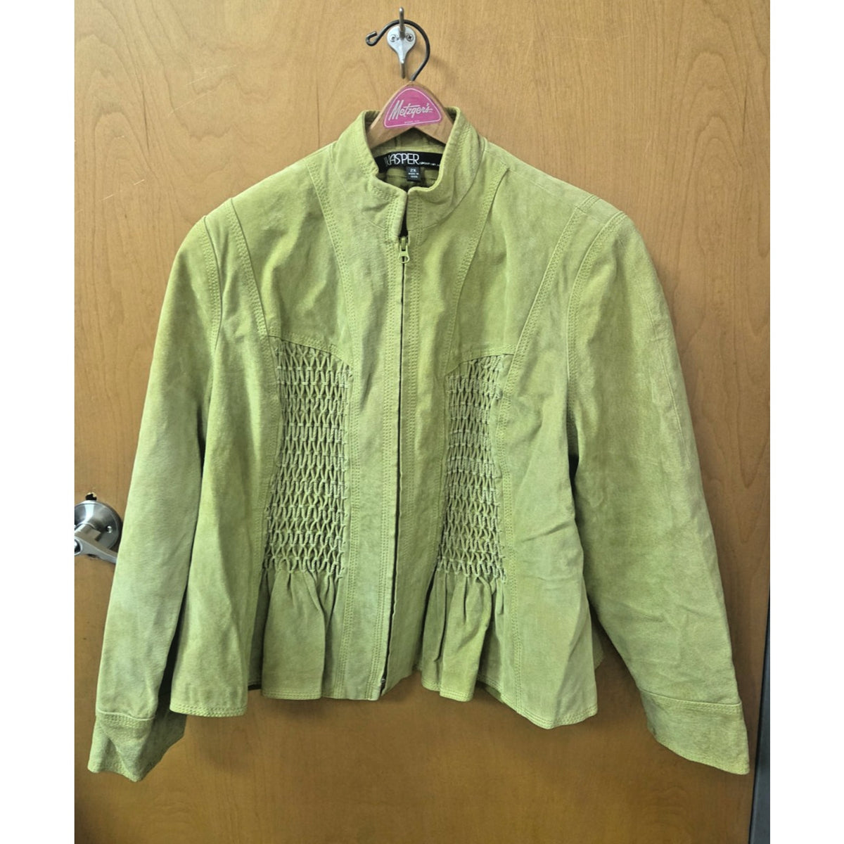 Vintage Kasper 2X Chartreuse Lime Green Suede Peplum Jacket Smocked Leather