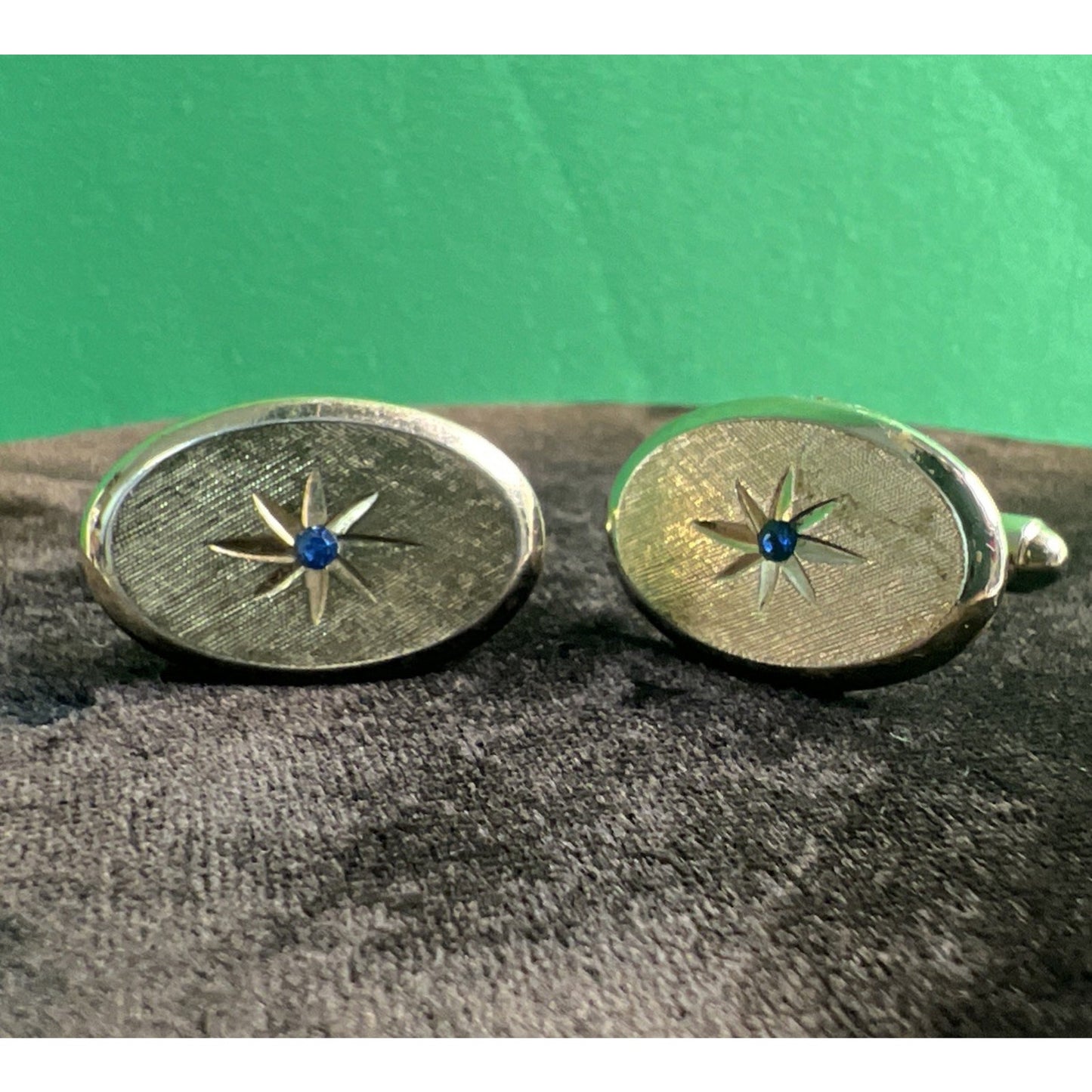 VTG Gold Tone Cufflinks & Tie Clip Blue Rhinestone Starburst Mid Century Avon