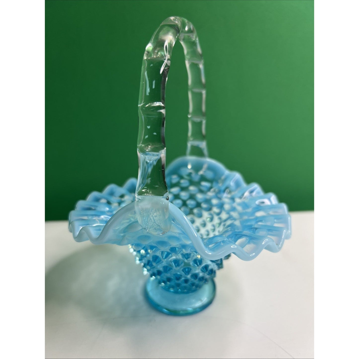 Vintage Fenton Blue Opalescent Hobnail Basket Ruffled Glass with Handle 6” Tall