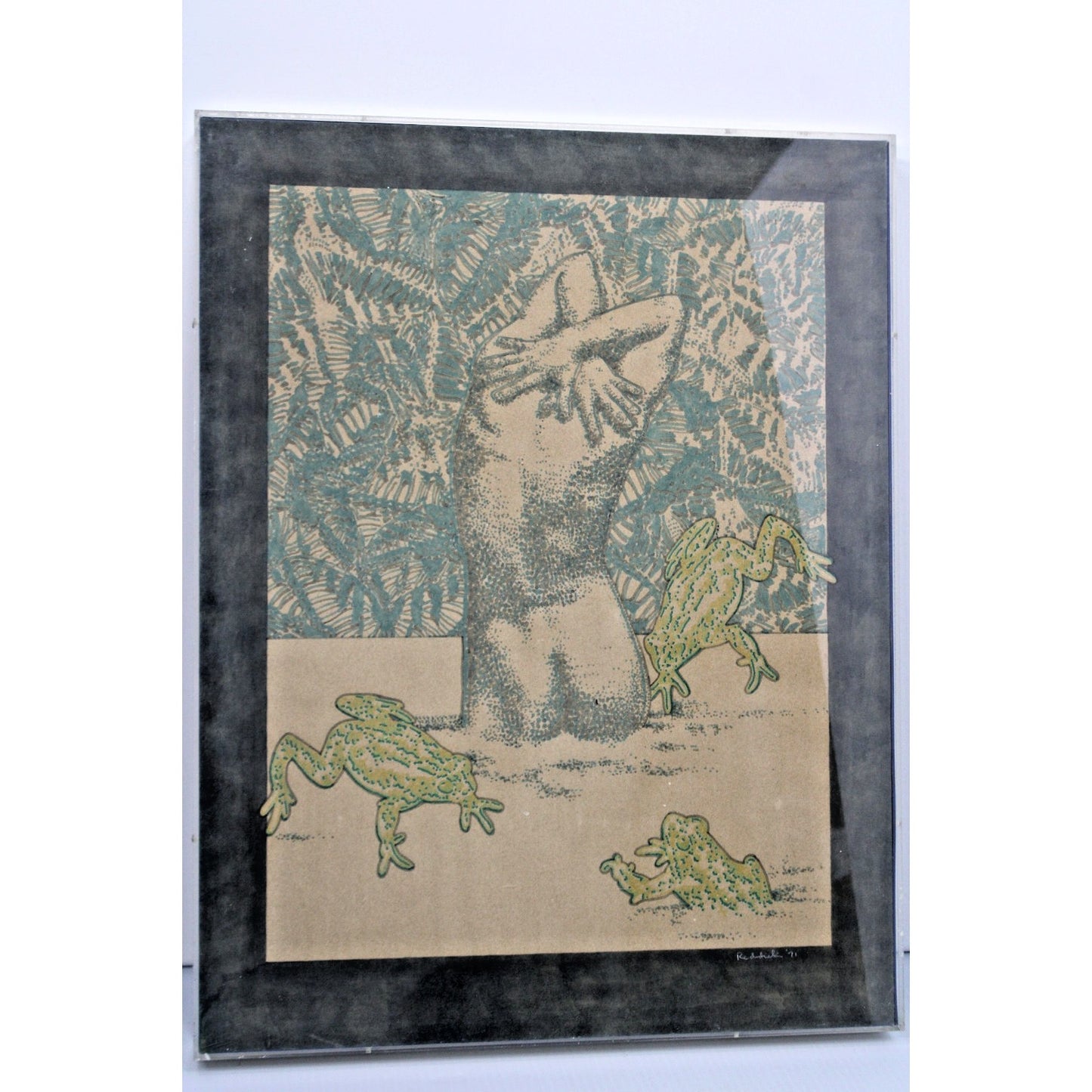 Vintage Framed Woodblock Print by New Orleans Artist Ron Reddick, 22.5" x 17.5"